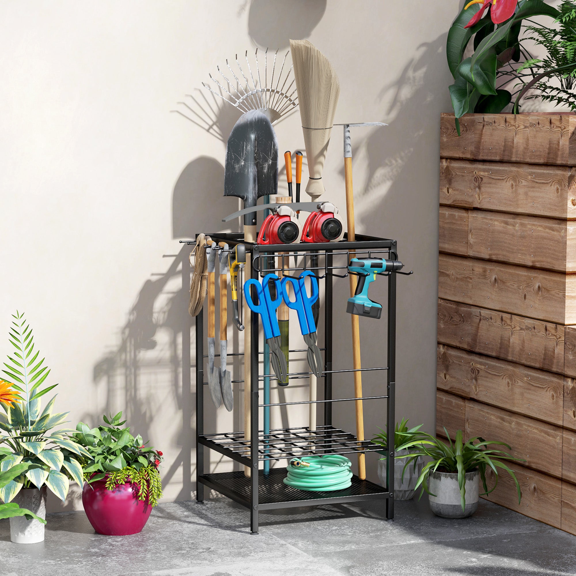 3-Tier Yard Tool Tower Rack, Garden Tool Organizer with 14 Hooks for Long-Handled Rakes, Shovel, Broom, Black Garden Accessories Black at Gallery Canada