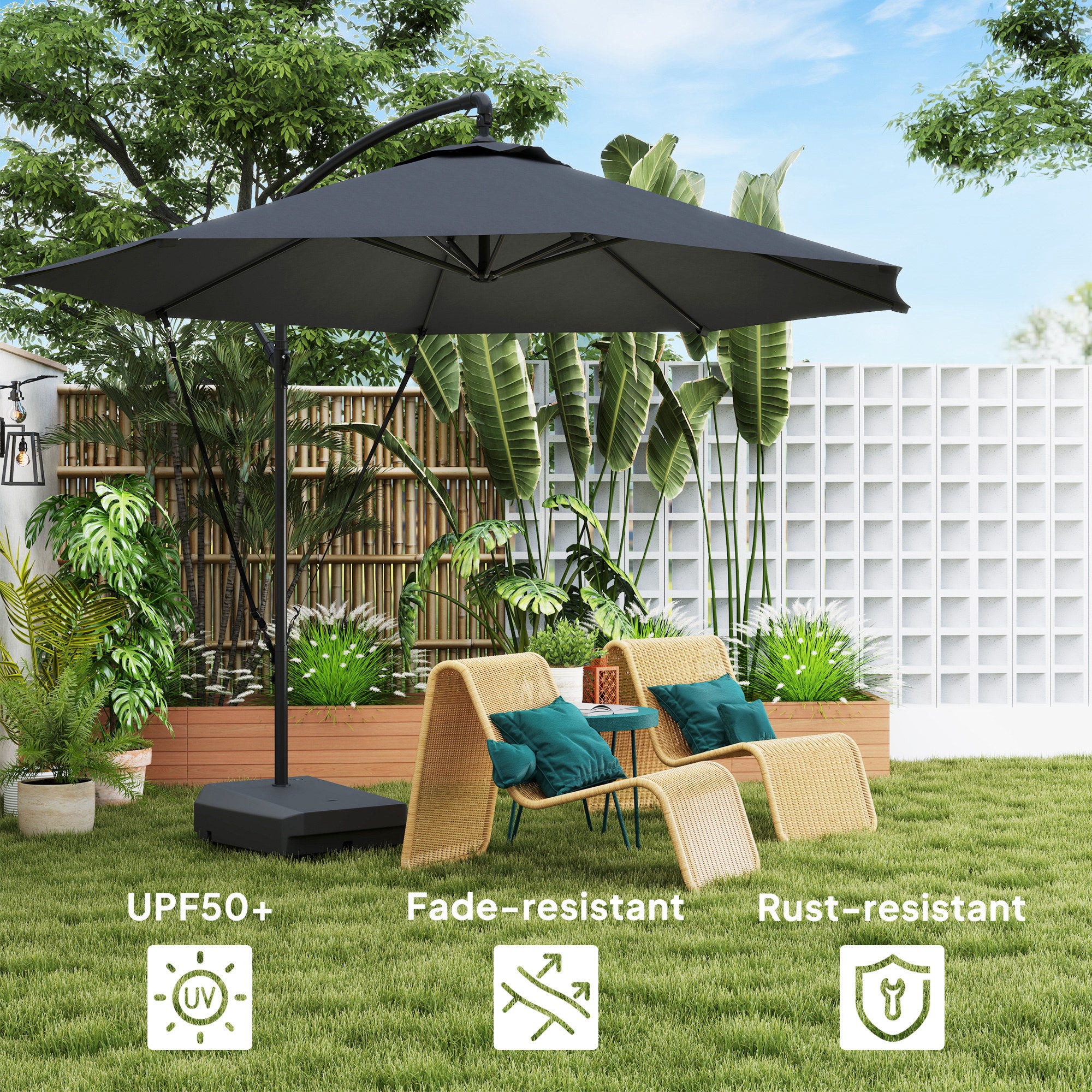 10FT Cantilever Umbrella with Fillable Base, Wind Strap and Cover, Offset Hanging Umbrella with Crank, UPF50+, Grey Offset Cantilever Umbrellas at Gallery Canada