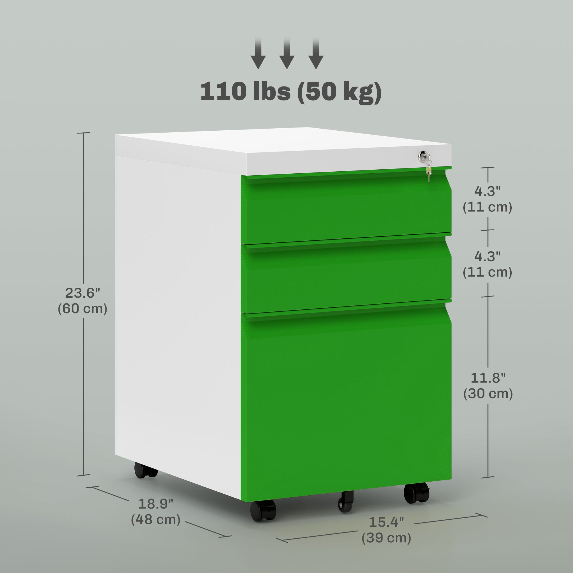 3 Drawer Filing Cabinet, Lockable Office Storage Cabinet on Wheels for Legal, Letter, A4 Files, Green Office Cabinets & Cupboards at Gallery Canada