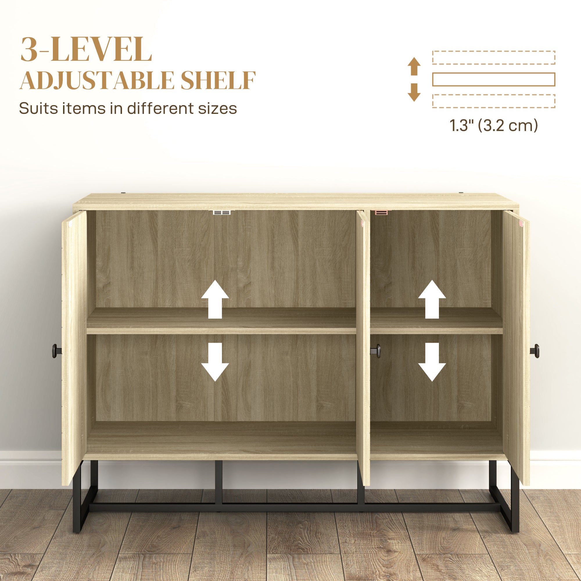 Modern Sideboard, Buffet Cabinet with Adjustable Shelves, 3 Chevron Doors for Living Room, Hallway, Oak Wood Grain Storage Cabinets at Gallery Canada