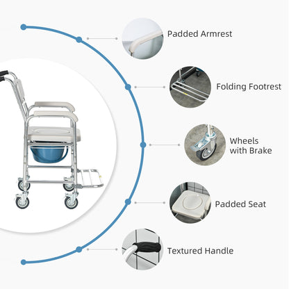 3-in-1 Shower Commode Wheelchair, Transport Beside Commode Chair with Padded Seat for the Elder, Disabled Bath Chairs   at Gallery Canada