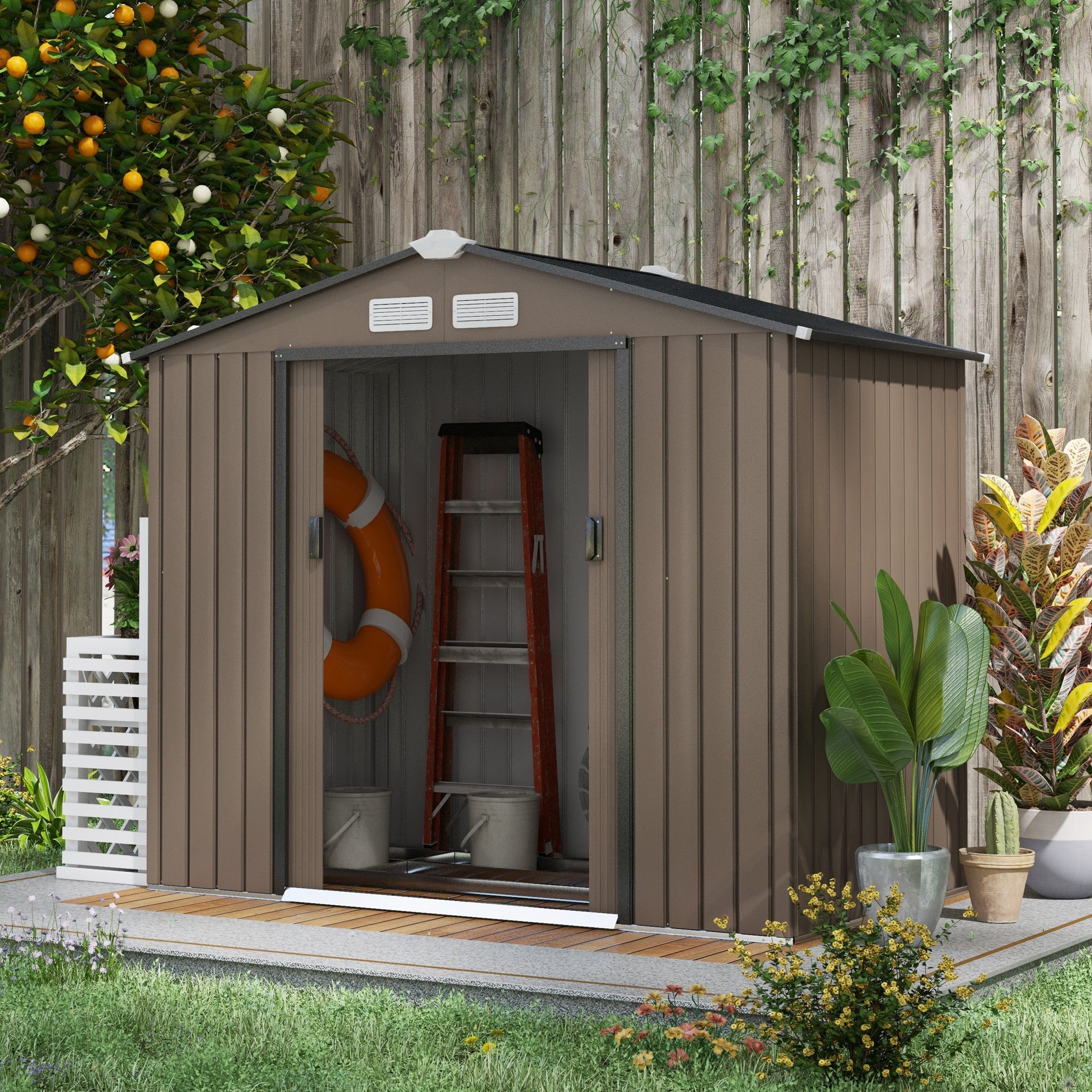 7' x 4' x 6' Garden Storage Shed Outdoor Patio Metal Tool Storage House w/ Foundation Kit and Double Doors Brown Sheds Brown  at Gallery Canada