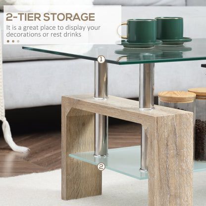 Rectangle Glass Coffee Table, 2-Tier Center Table with Tempered Glass Top and Storage Shelf for Living Room, Natural Coffee Tables   at Gallery Canada