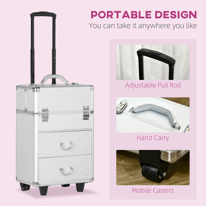 Rolling Makeup Train Case, Large Storage Cosmetic Trolley, Lockable Traveling Cart Trunk with Folding Trays, Swivel Wheels and Keys, Silver Makeup Cases   at Gallery Canada