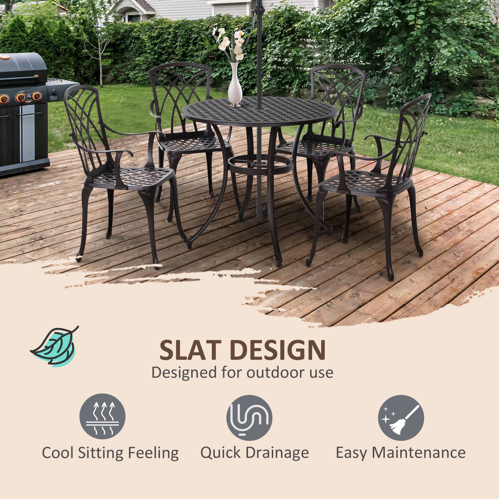 5 Pieces Outdoor Dining Set, Cast Aluminium Patio Table and Chairs with Parasol Hole, Patio Dining Set for 4, Brown Outdoor Dining Sets at Gallery Canada