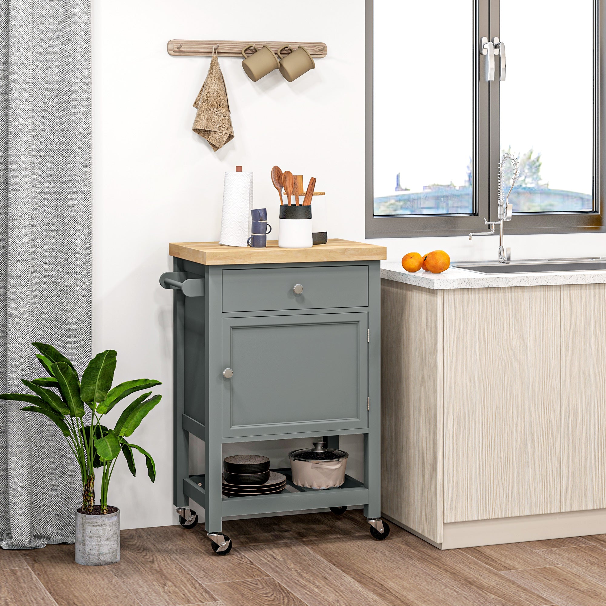 Kitchen Cart on Wheels, Rolling Kitchen Island Cart with Wood Top, Towel Rack, Drawer and Shelf for Dining Area, Grey Kitchen Islands & Kitchen Carts at Gallery Canada