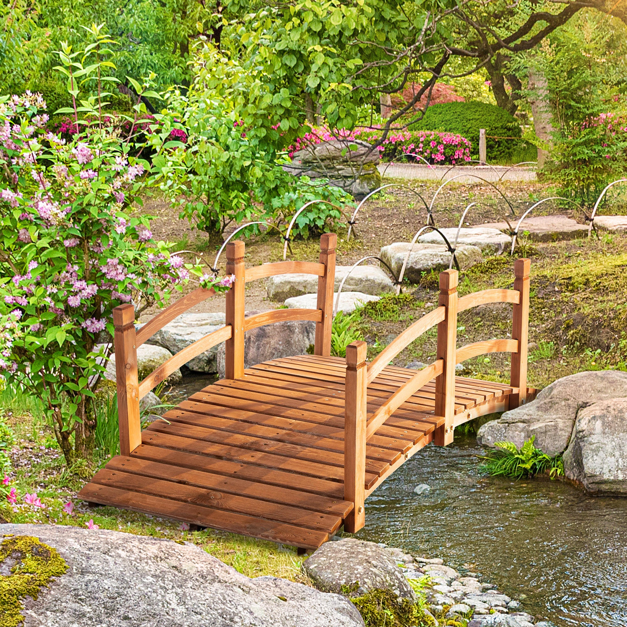5FT Wooden Garden Bridge Classic Arc Footbridge with Guardrails for Stream Pond Walkway, Orange Garden Bridges at Gallery Canada