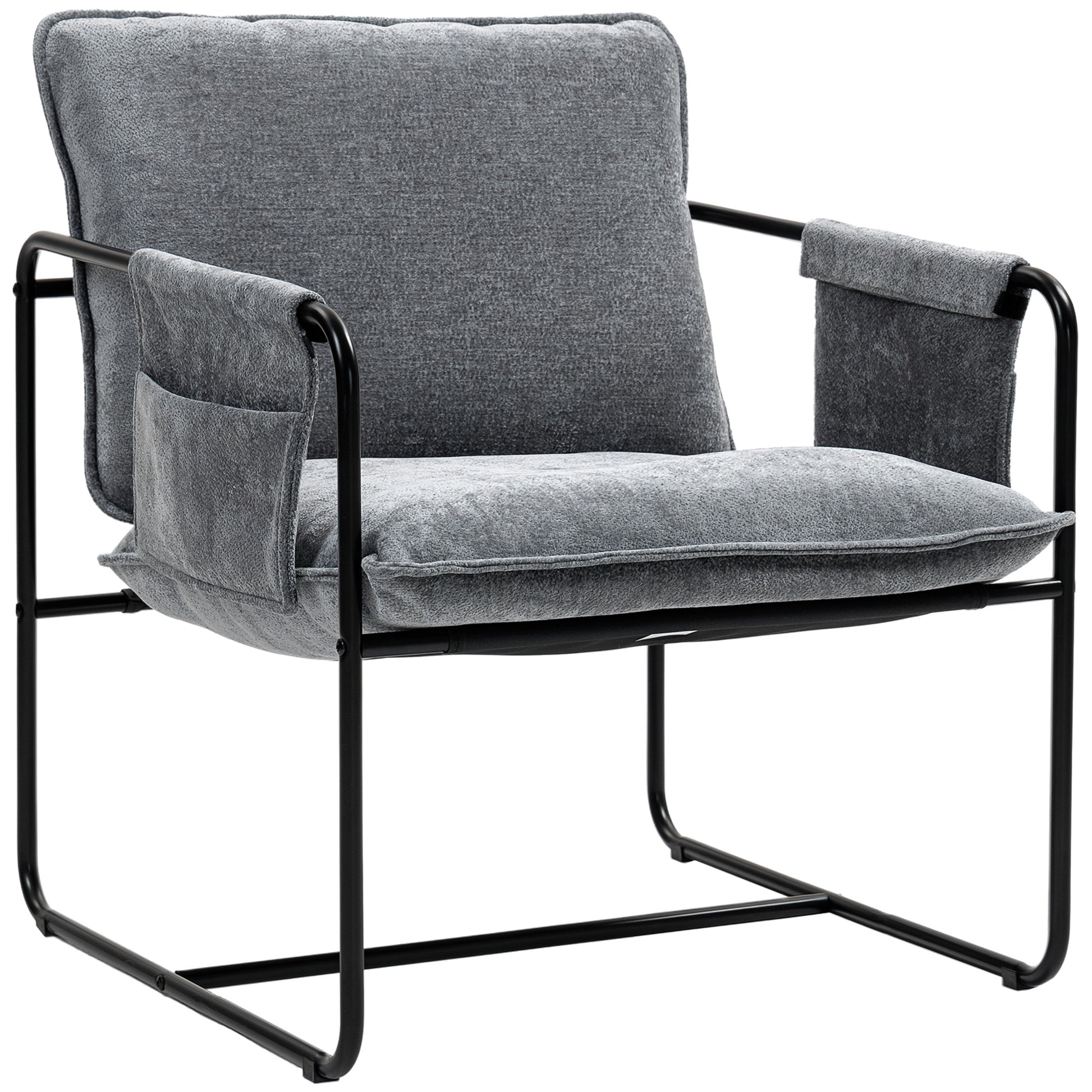 Modern Accent Chair, Upholstered Armchair with Side Pockets and Steel Frame, Comfy Reading Chair for Bedroom, Grey Accent Chairs at Gallery Canada