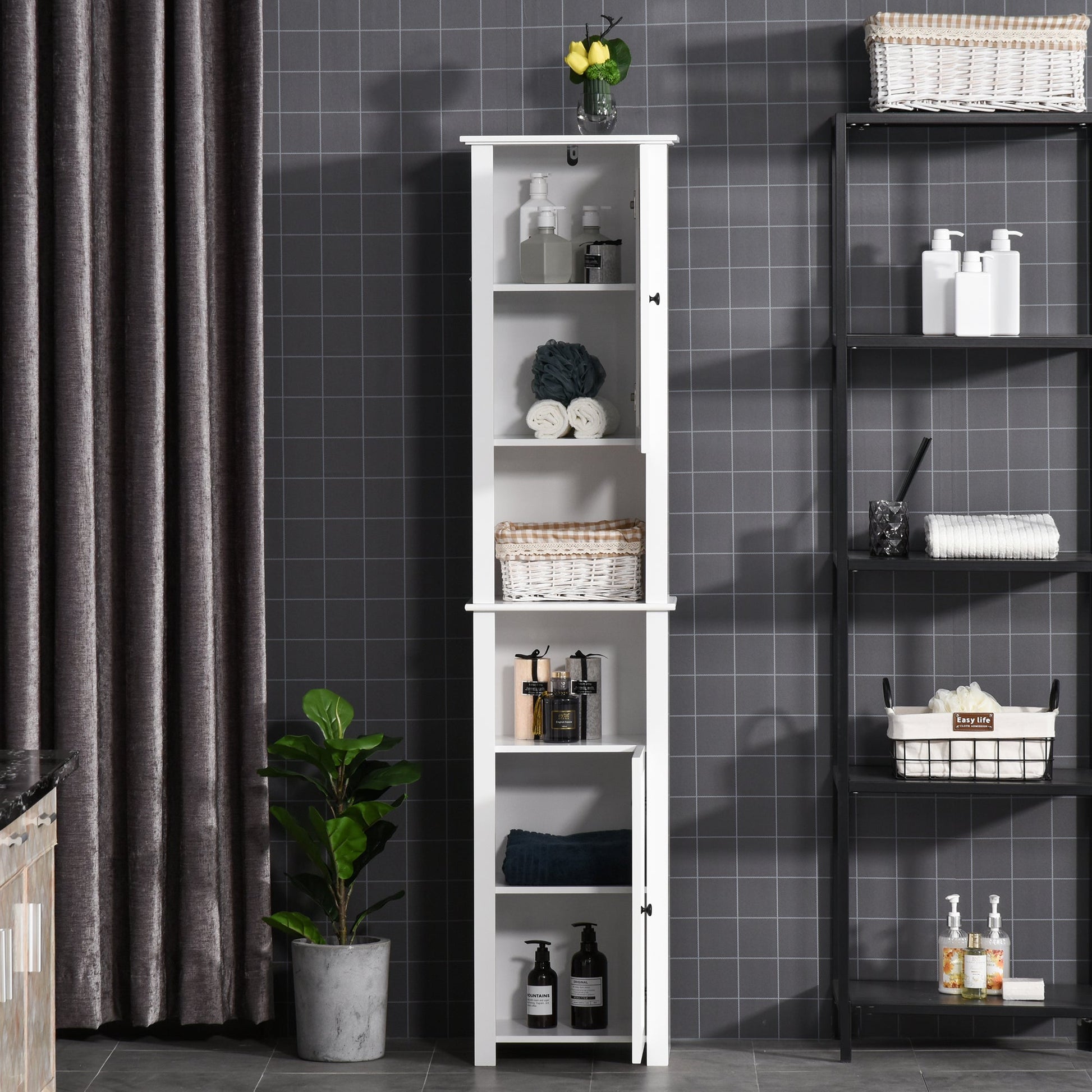 Tall Bathroom Cabinet, Freestanding Linen Cabinet with Open Shelves and 2 Cupboards, Narrow Storage Cabinet, White Bathroom Cabinets   at Gallery Canada