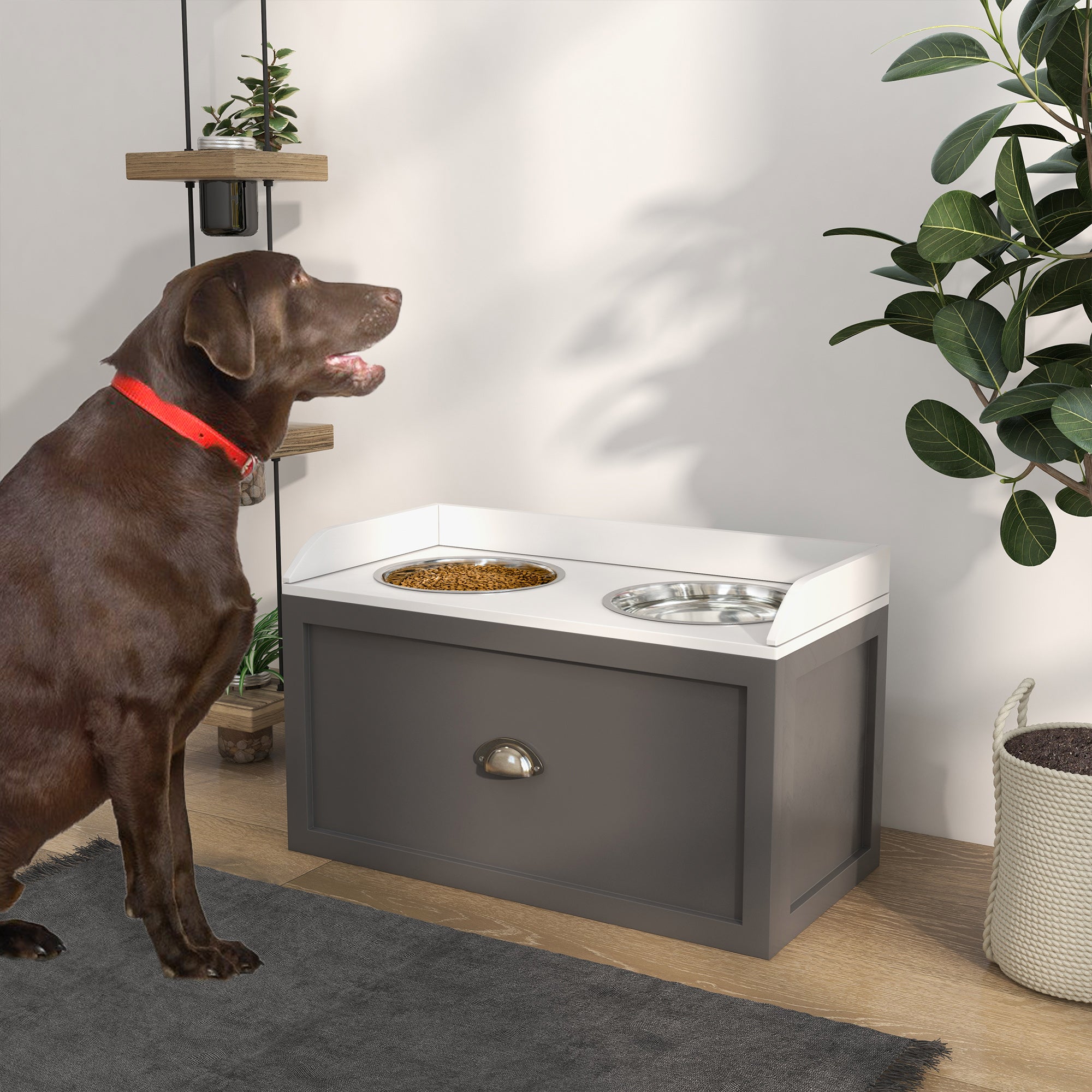 Large Elevated Dog Bowls with Storage Drawer, Raised Pet Feeding Station with 2 Stainless Steel Bowls, Grey Dog Bowls at Gallery Canada