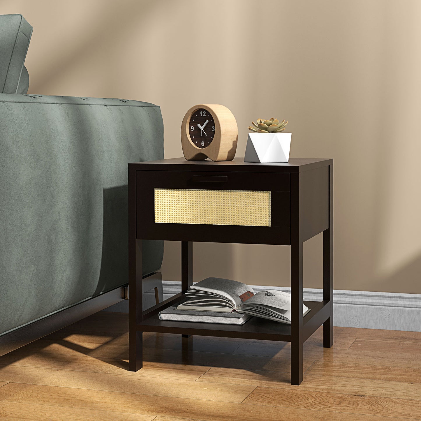 Modern Bedside Table, Accent Nightstand with Drawer and Open Shelf, Bed End Table for Bedroom, Living Room, Black Bedside Tables   at Gallery Canada