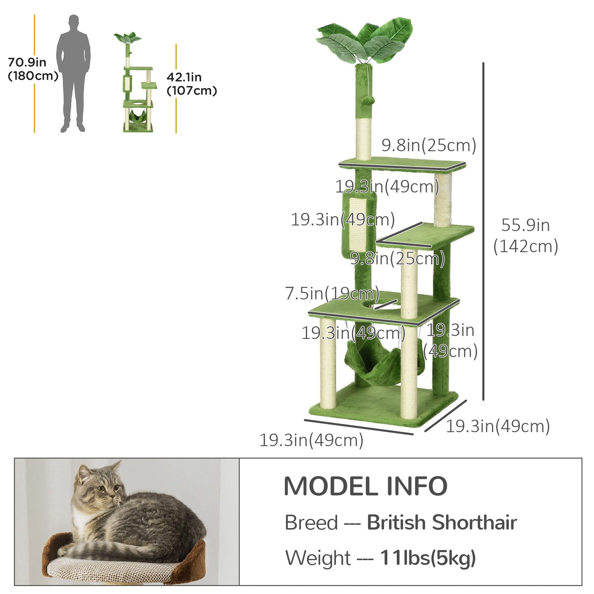 56" Cat Tree for Large Cats Adult with Hammock, Cat Tower with Scratching Post, Platforms, Play Ball and Anti-tipping Device, for Indoor Cats, Green Cat Towers   at Gallery Canada