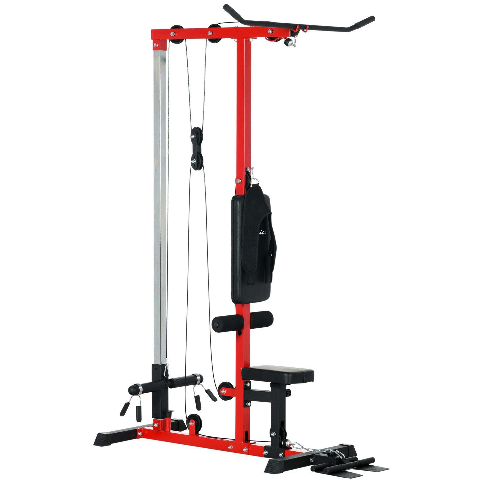 Lat Pull Down Machine, High / Low Pulley Machine with Adjustable Seat and Flip-Up Footplate, Red Power Towers   at Gallery Canada