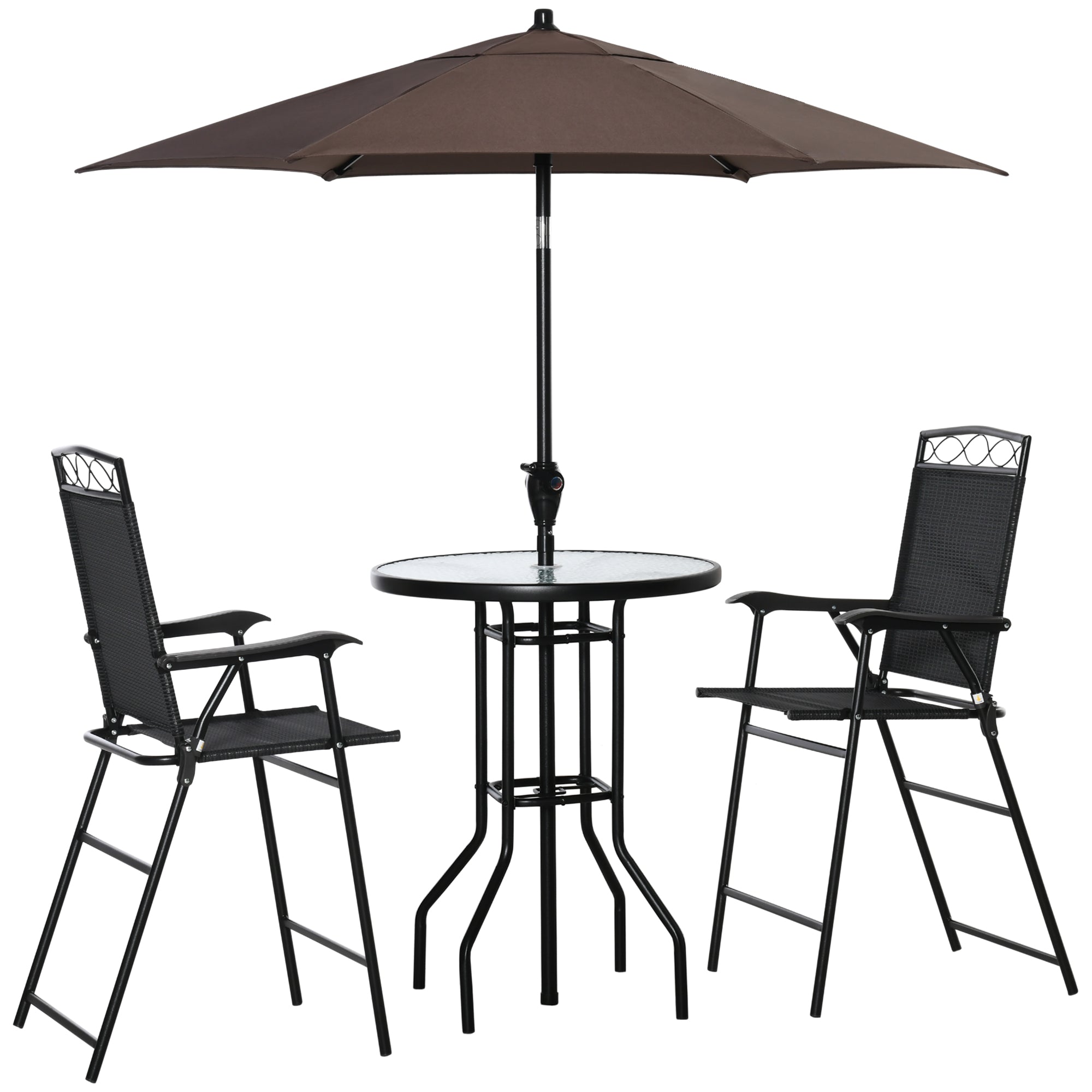 4 Piece Patio Bar Set, Sling Folding Outdoor Furniture with Brown Umbrella for Poolside, Backyard and Garden, Black Bistro Sets at Gallery Canada