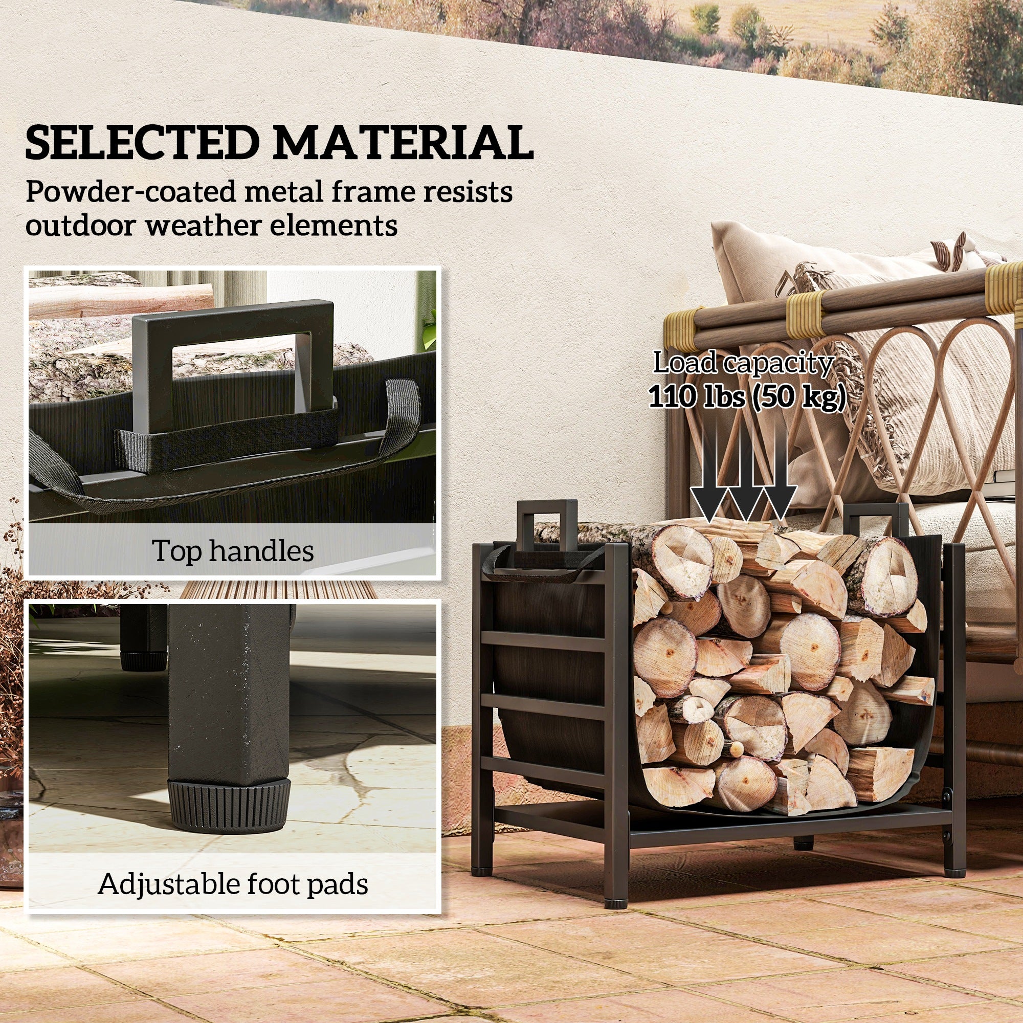 Outdoor Firewood Rack with Log Carrier, Heavy Duty Steel Wood Log Storage Stacker for Fireplace, Black Firewood Racks   at Gallery Canada