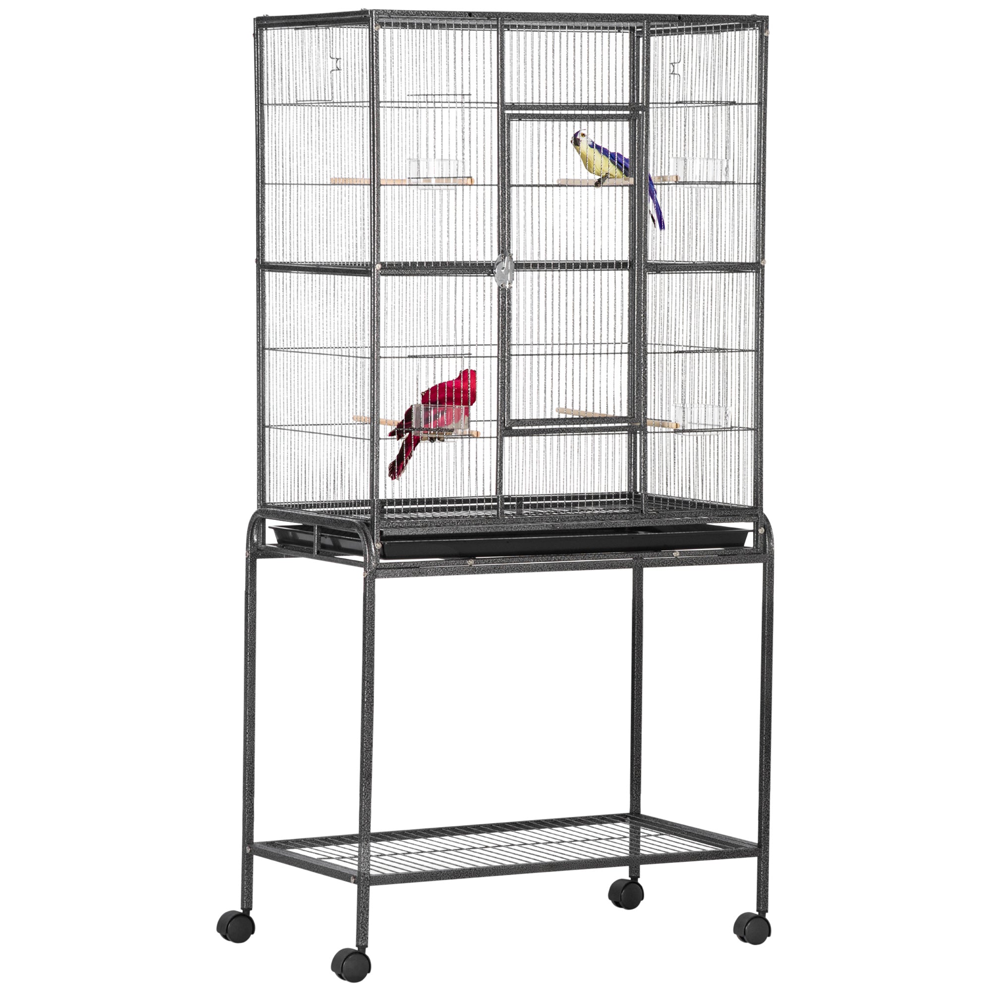 30'' Large Rolling Metal Bird Cage Bird House with Detachable Rolling Stand, Storage Shelf, Wood Perch Food Container - Black Bird Cages Black, Gray at Gallery Canada