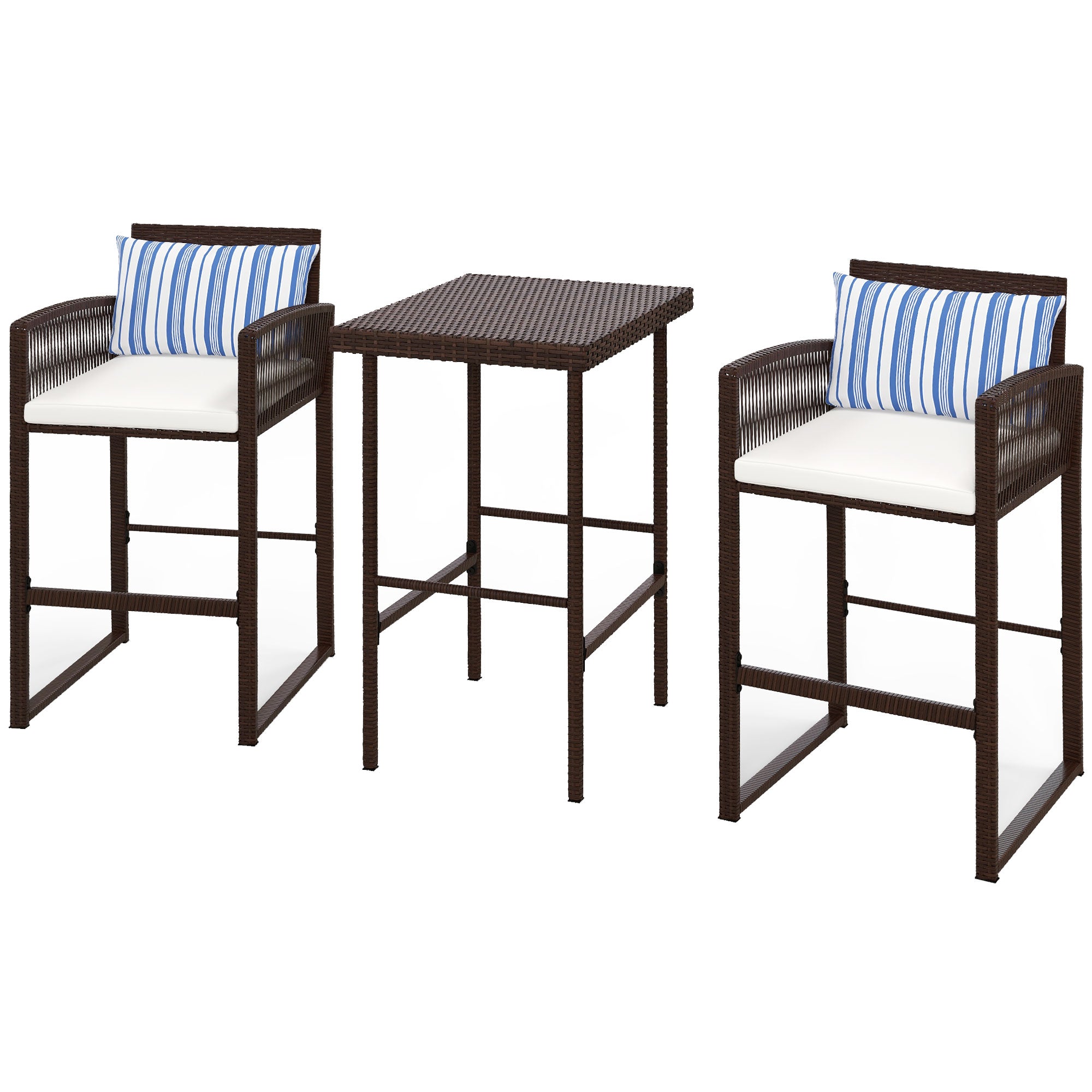 3-Piece Wicker Bar Set, Patio Bar Table Chair with Cushions, for Poolside, 25.2