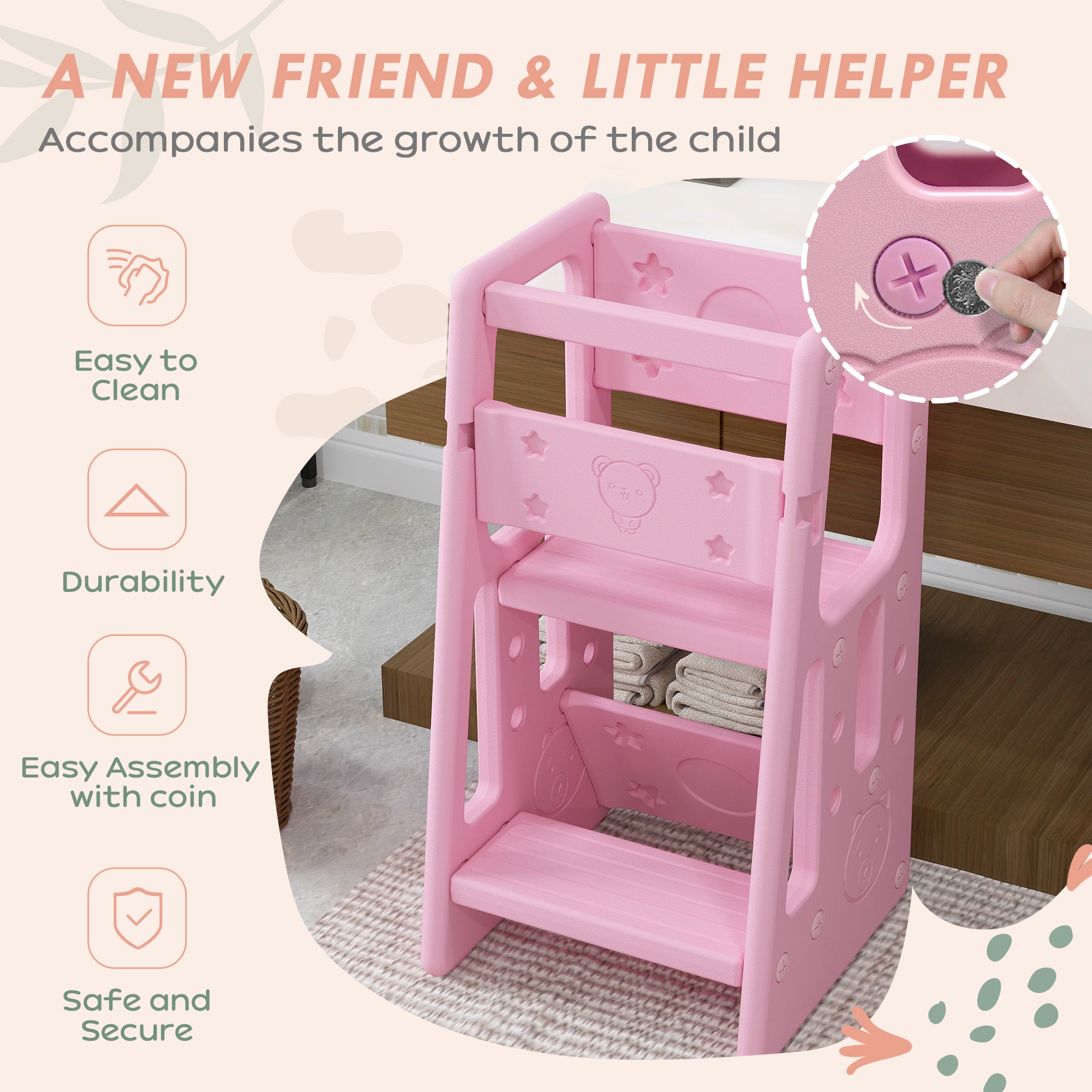 Toddler Kitchen Helper 2 Step Stool with Adjustable Height Platform and Safety Rail, Pink Toddler & Kids Step Stools at Gallery Canada