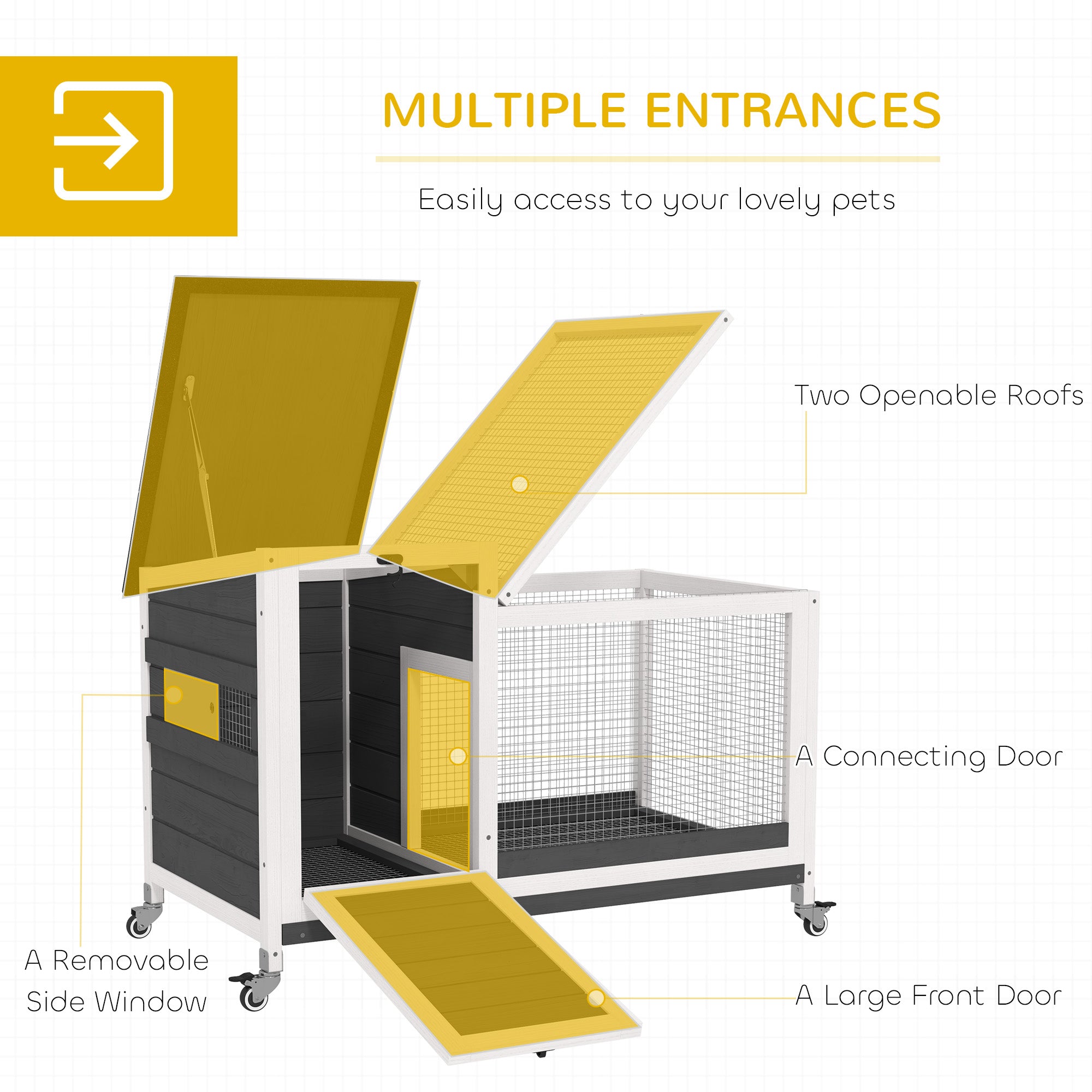 Wooden Rabbit Hutch with Pull-Out Tray, Asphalt Openable Roof, Small Animal Cage on Wheels with Run, Grey Rabbit Hutch at Gallery Canada