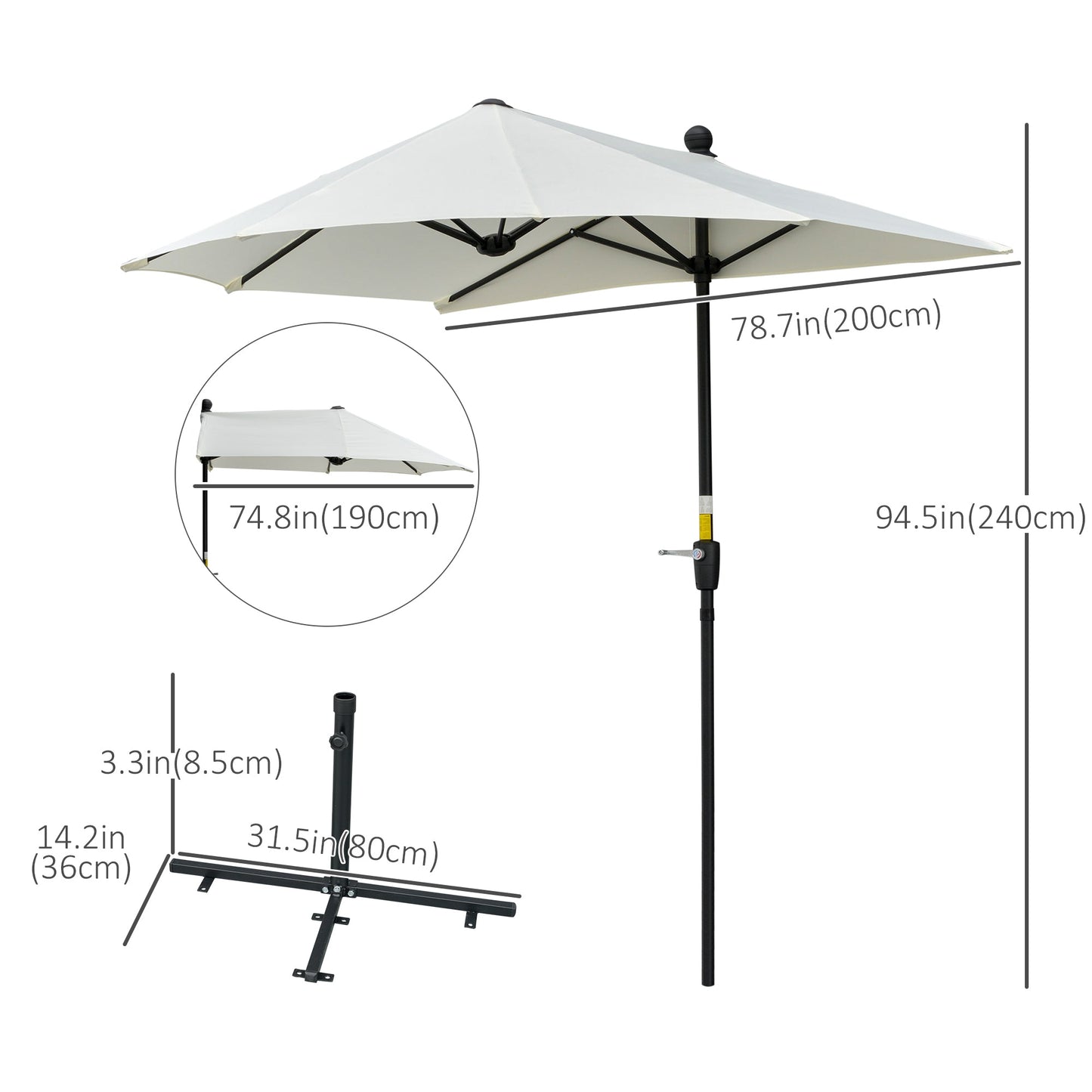 6.6 x 6ft Half Patio Umbrella Outdoor Parasol with Double-Sided Canopy, Crank Handle, Base for Garden, Balcony, Cream Sun Umbrellas   at Gallery Canada