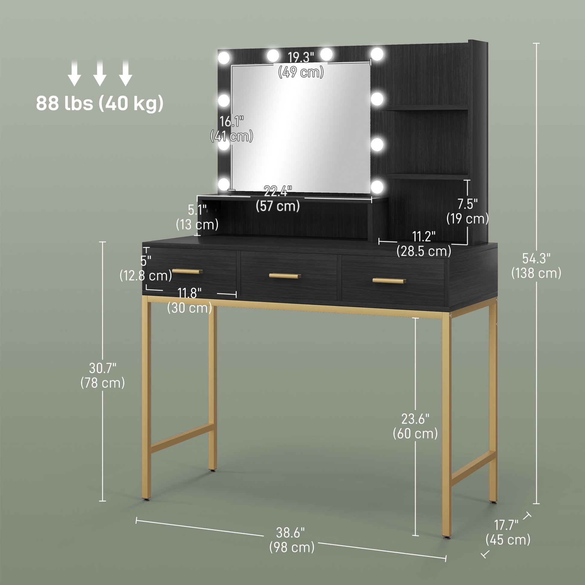 Illuminated Dressing Table, LED Vanity Table with Mirror, 3 Drawers and Storage Shelves for Bedroom, Black Dressing & Vanity Tables   at Gallery Canada