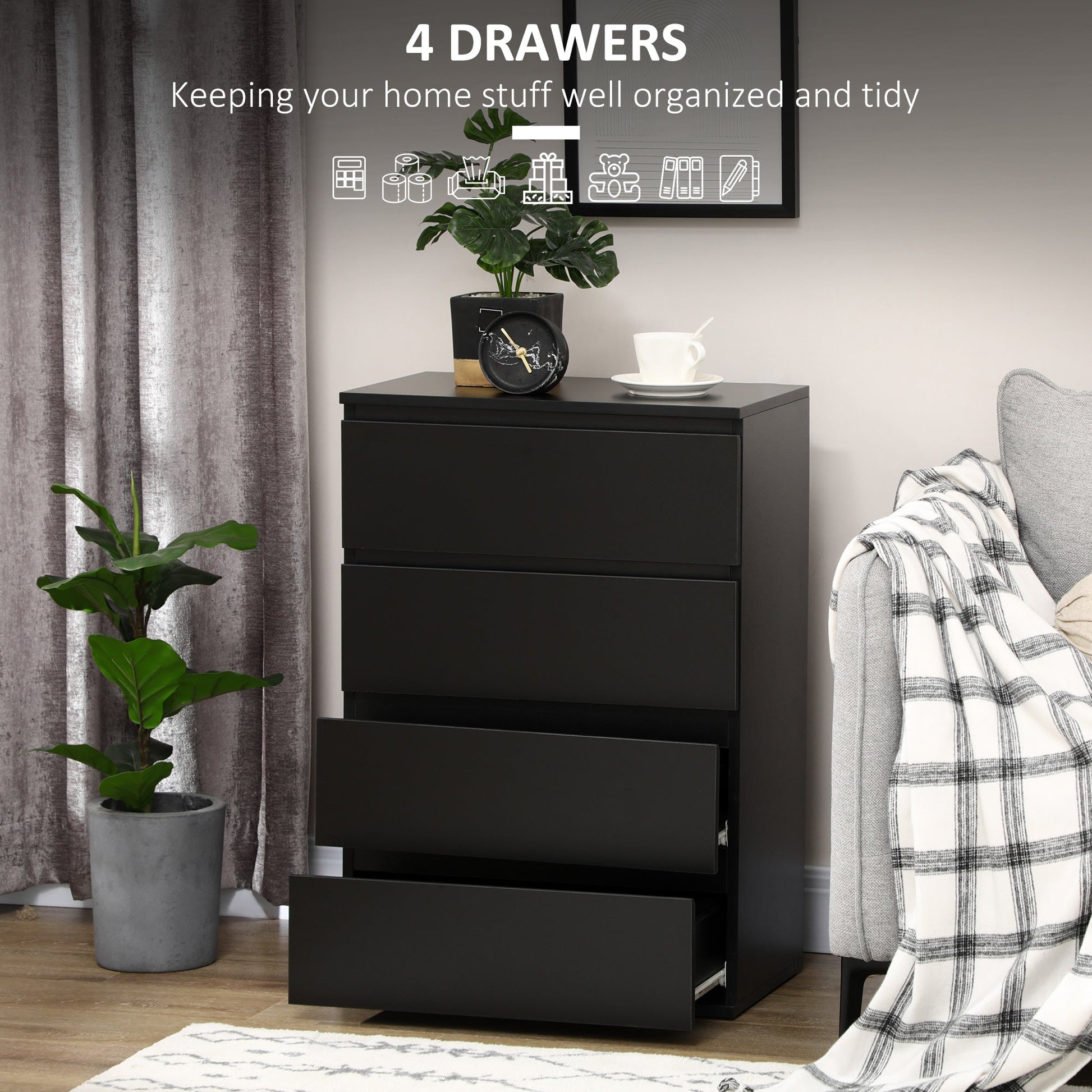 Chest of Drawer, 4 Drawers Storage Cabinet Freestanding Tower Unit for Bedroom, Black Storage Cabinets   at Gallery Canada