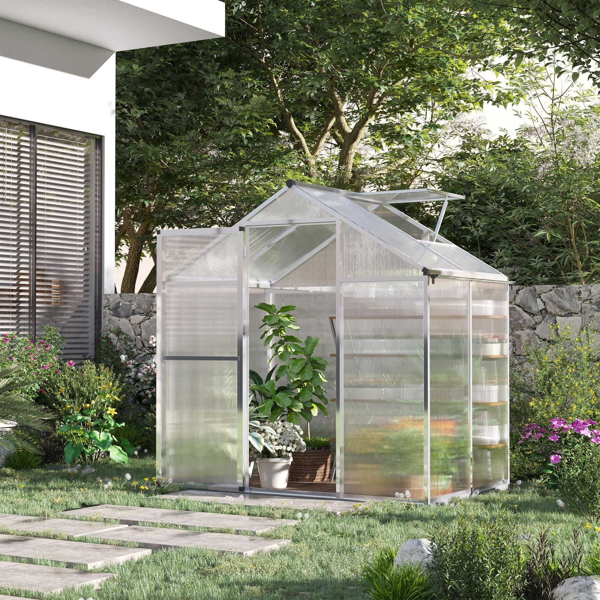 4' x 6.2' x 6.4' Walk-in Garden Greenhouse, Polycarbonate Panels Plants Flower Growth Shed, Cold Aluminum Frame Outdoor Portable Warm House Walk In Greenhouses   at Gallery Canada