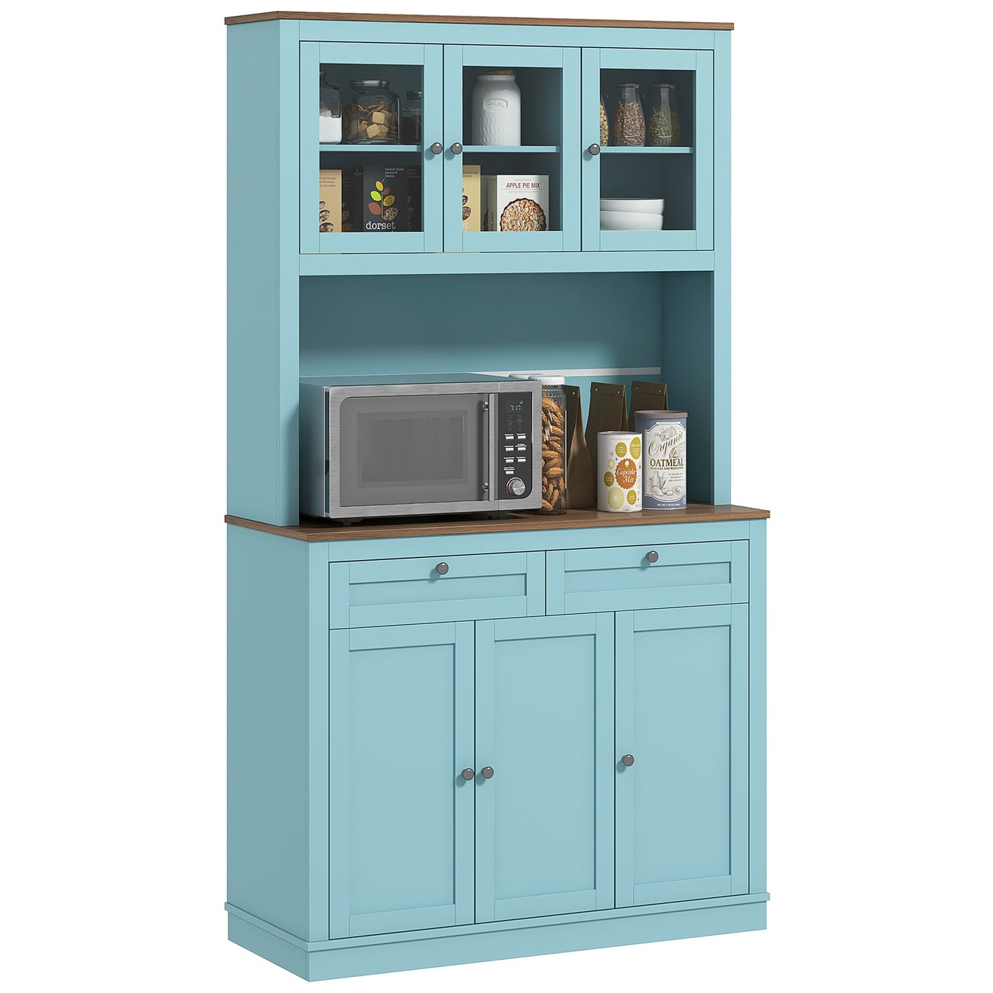 71" Kitchen Pantry Cabinet with Microwave Space, Buffet with Hutch, 2 Drawers, Adjustable Shelves and Glass Doors, Blue Kitchen Pantry Cabinets   at Gallery Canada