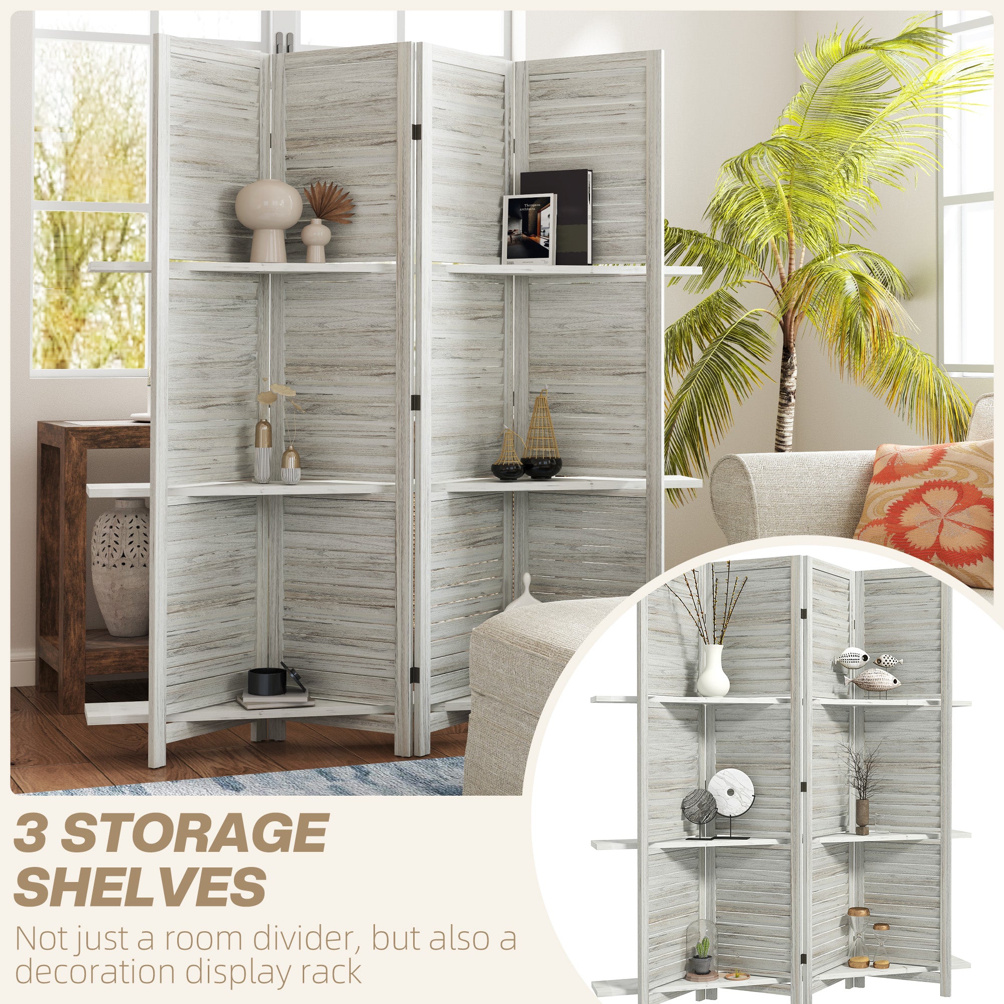 4-Panel Wall Partition Room Separator with 3 Storage Shelves Foldable Design Wooden Frame 5.6FT Distressed White Room Dividers at Gallery Canada