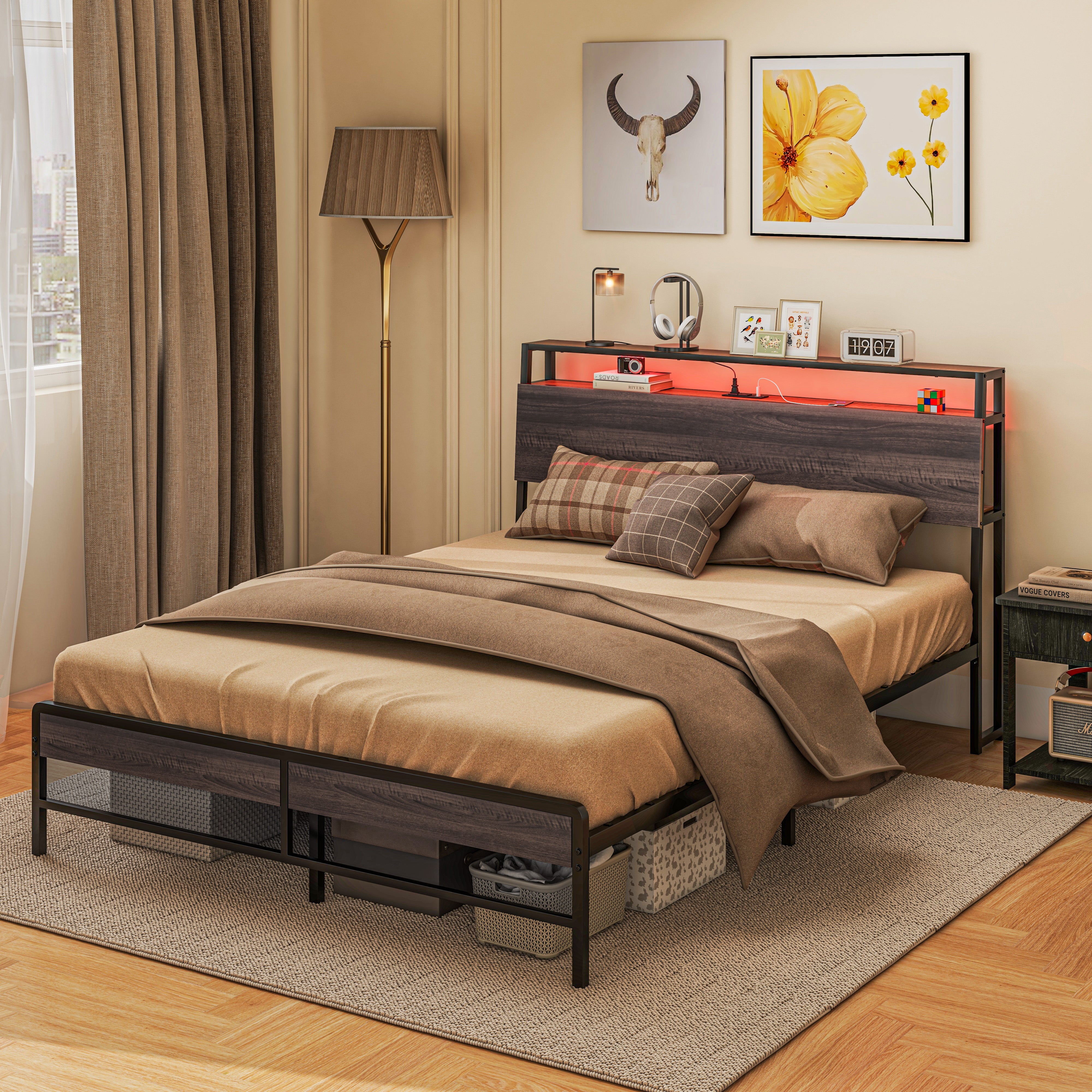 Queen Size Bed Frame with LED Lights and Charging Station, Queen Bed Frame with Storage Headboard, Noise-Free, Walnut Bedroom Furniture   at Gallery Canada