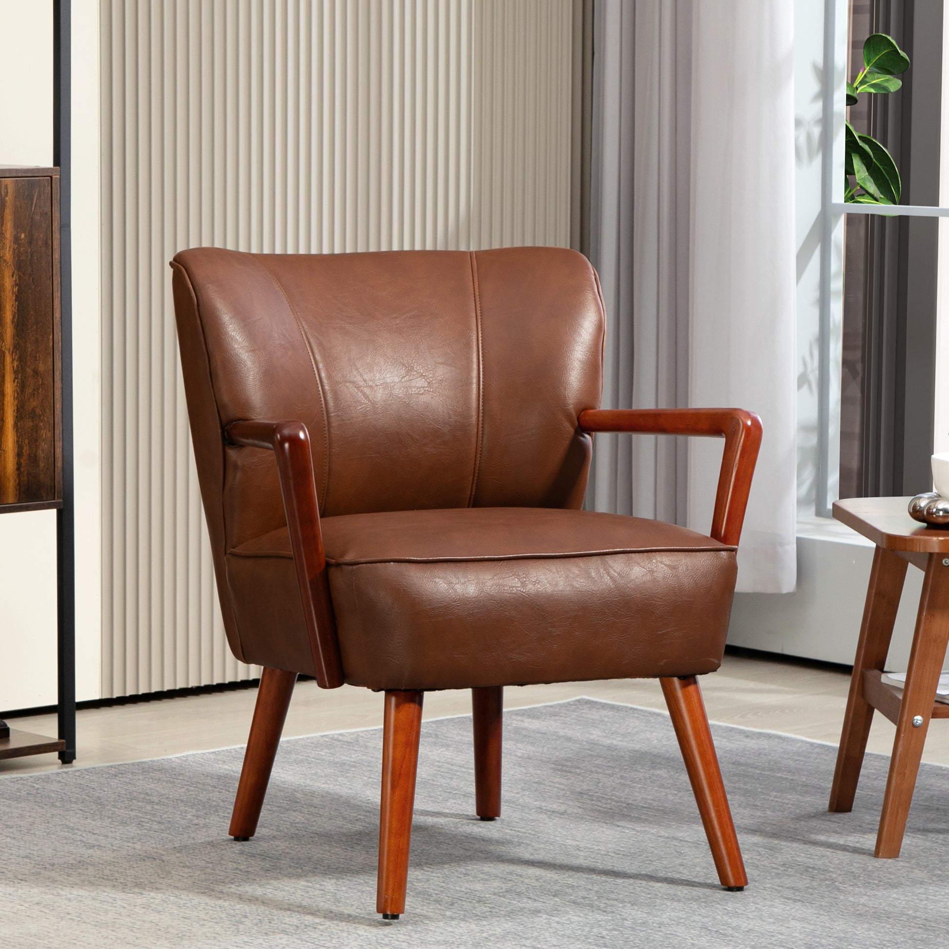 Accent Chair, Modern Armchair, Faux Leather Upholstered Living Room Chair with Wood Legs and Wide Padded Seat, Brown Accent Chairs   at Gallery Canada