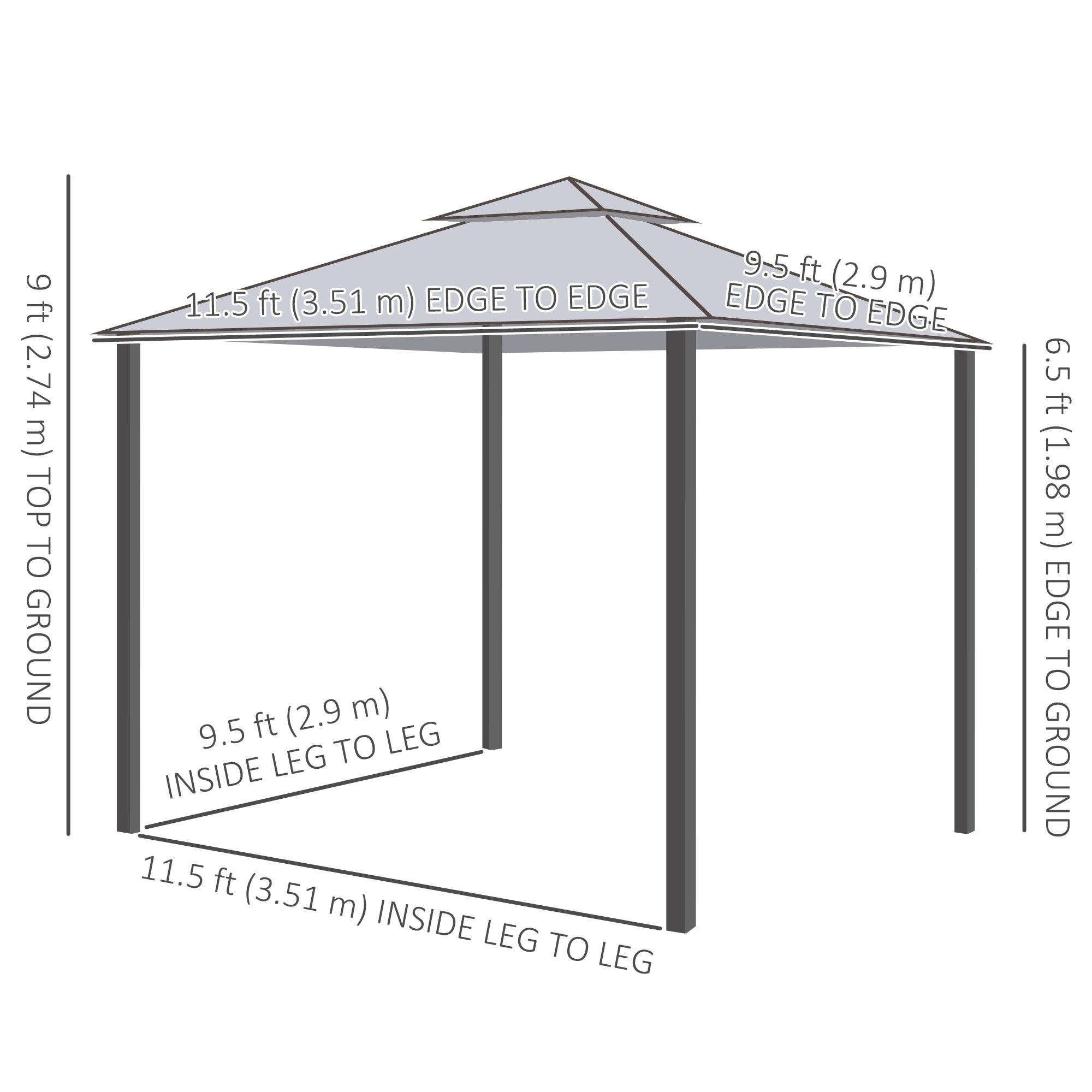 12' x 10' Patio Gazebo Outdoor Pavilion 2 Tire Roof Canopy Shelter Garden, Steel Frame w/ Mosquito Netting, Light Grey Gazebos at Gallery Canada