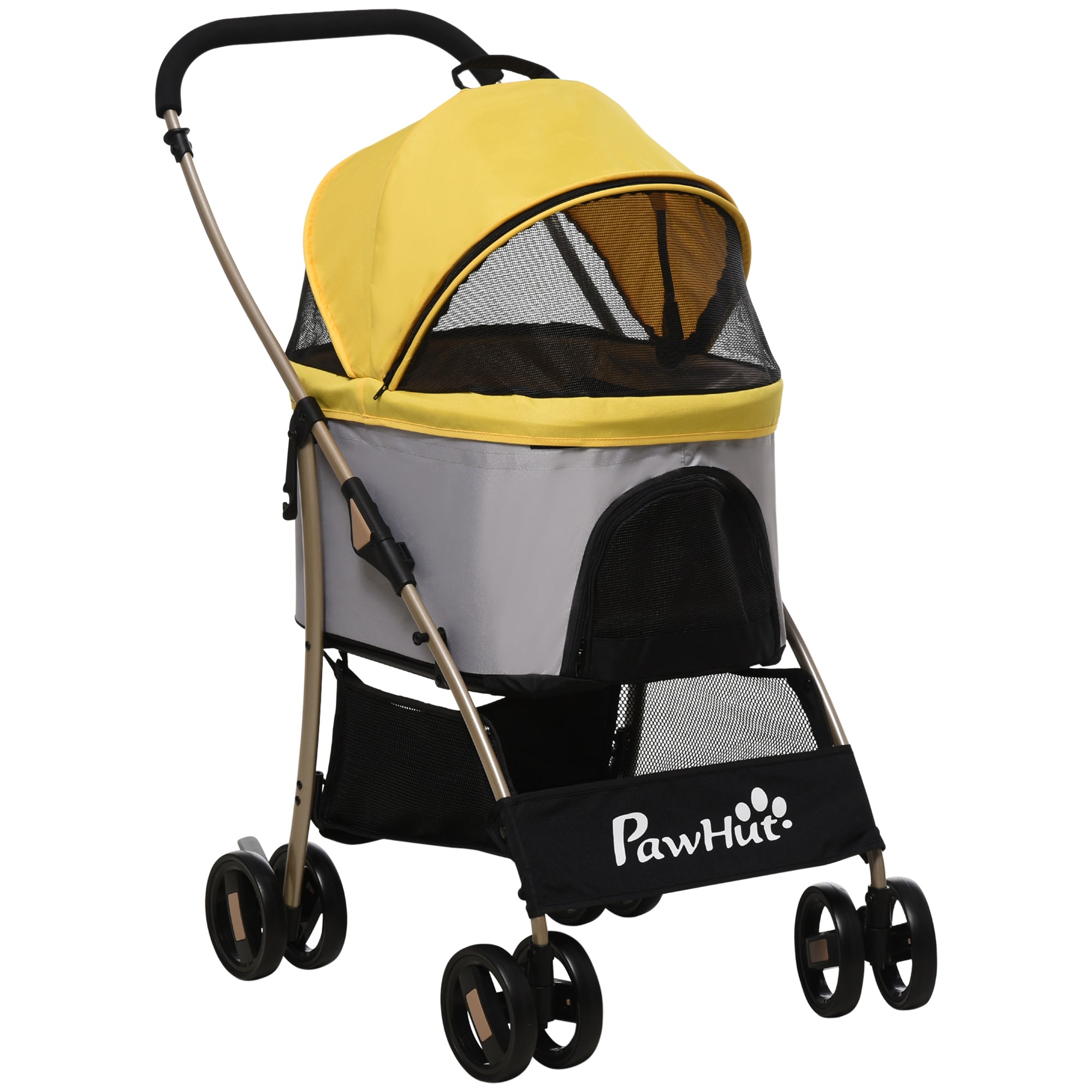 4 Wheels Pet Stroller, 3 in 1 Dog Cat Travel Folding Carrier, for Small Dogs, Detachable, w/ Brake, Canopy, Basket, Storage Bag - Yellow Dog Bike Trailers & Strollers Yellow  at Gallery Canada