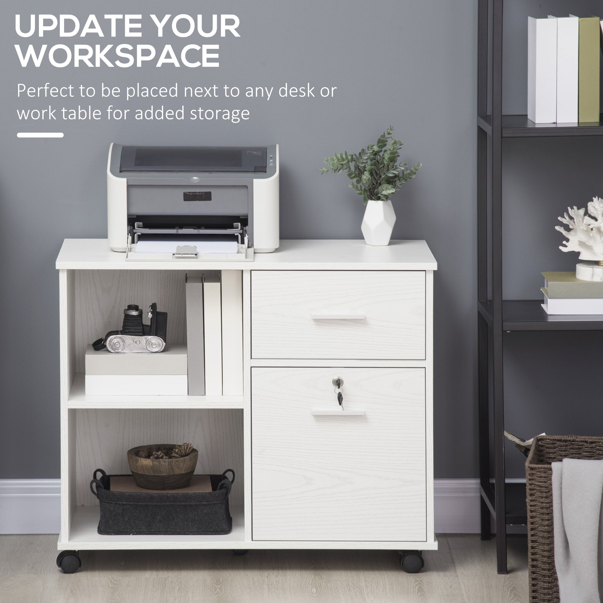 Lateral Filing Cabinet with Wheels, Locking File Cabinet, Mobile Printer Stand with Open Shelves and Drawers for A4 Size Documents, White Office Cabinets & Cupboards at Gallery Canada