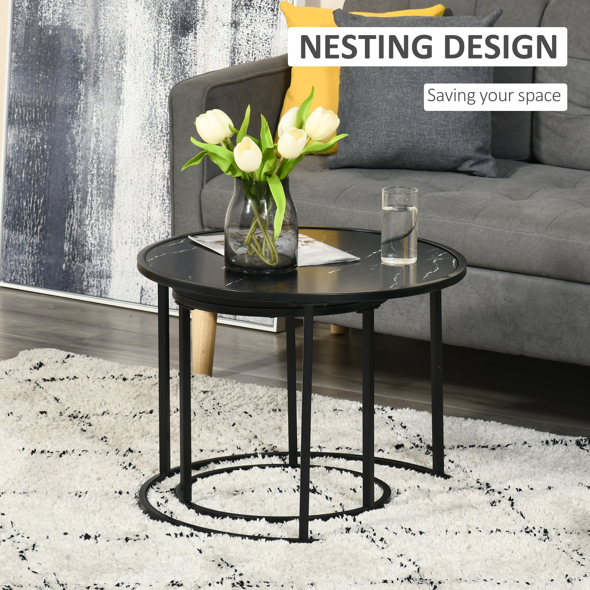 Round Nesting Coffee Table Set of 2, Stacking Modern Accent Tables with Faux Marble Tabletop and Metal Frame for Living Room, Black Coffee Tables   at Gallery Canada