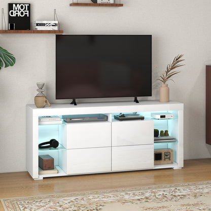 TV Stand with LED Lights for TVs up to 55", High Gloss TV Cabinet with Flip Doors and Glass Shelves, White TV Stands High Gloss White  at Gallery Canada