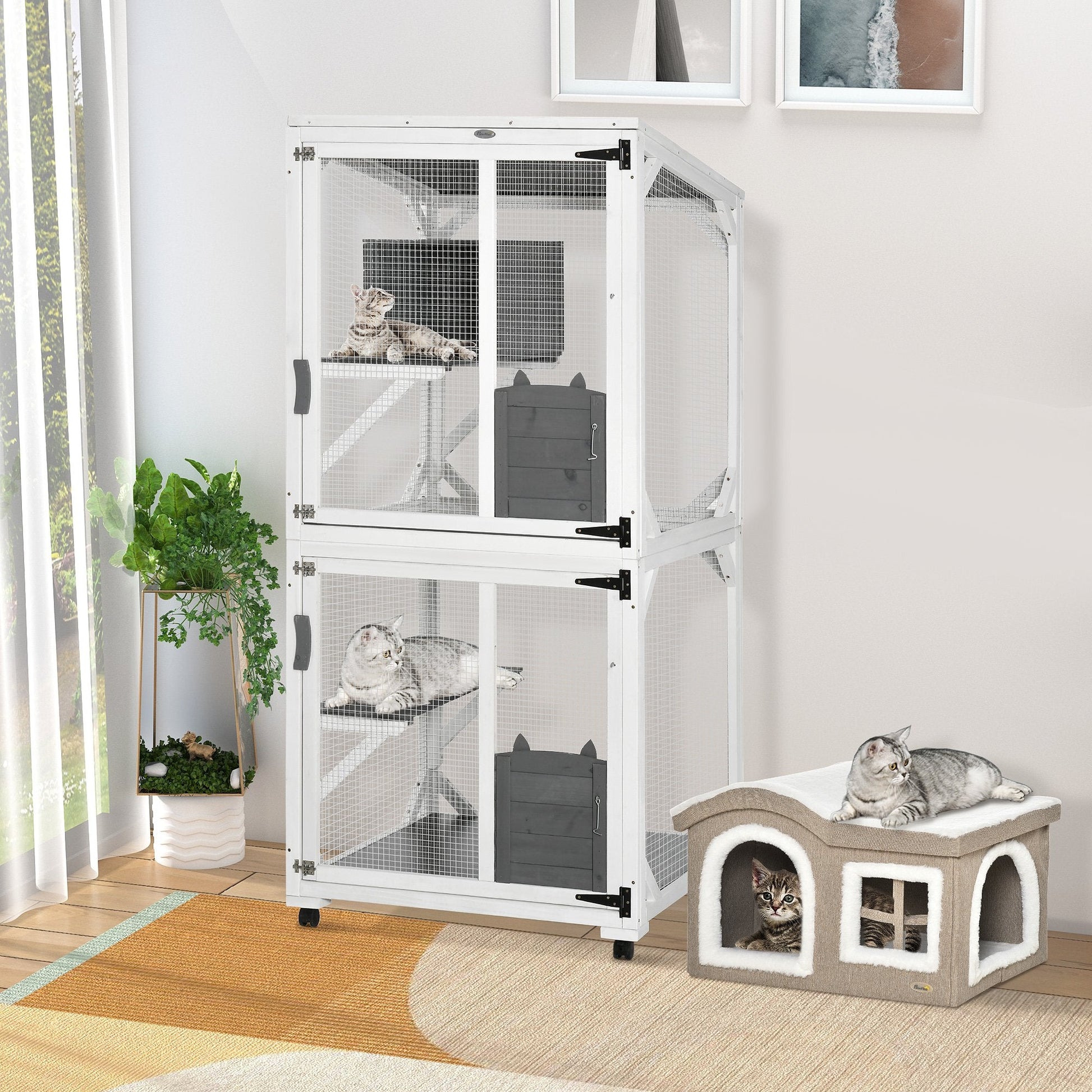 Catio Outdoor, Large Cat Enclosure, Wooden Kitten House, Elevated Design, with Wheels, Resting Box, Water-Resistant, Multi Platforms, for 1-3 Cats - Gallery Canada