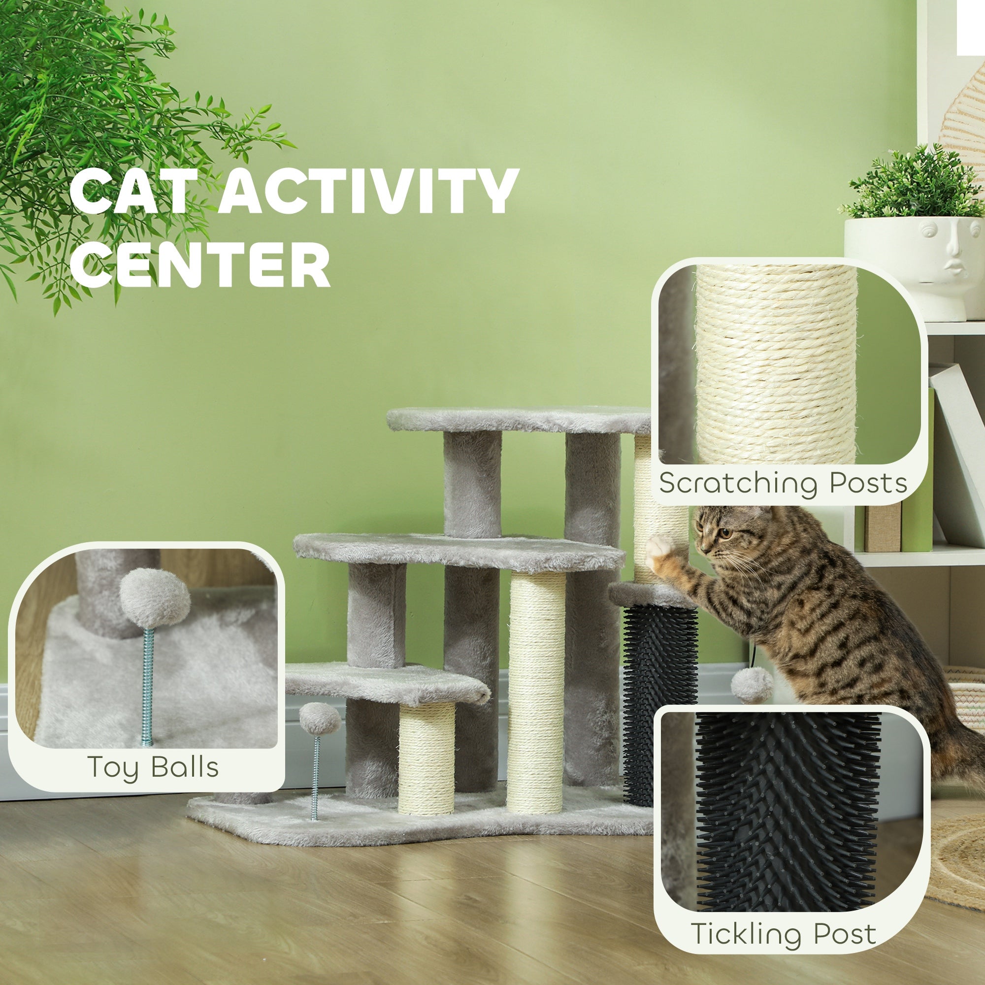 2 in 1 Cat Tree 3 Steps Pet Stairs with Scratching Posts, Tickling Post, Toy Balls, for Bed, Couch, Sofa, Light Grey Cat Stairs at Gallery Canada