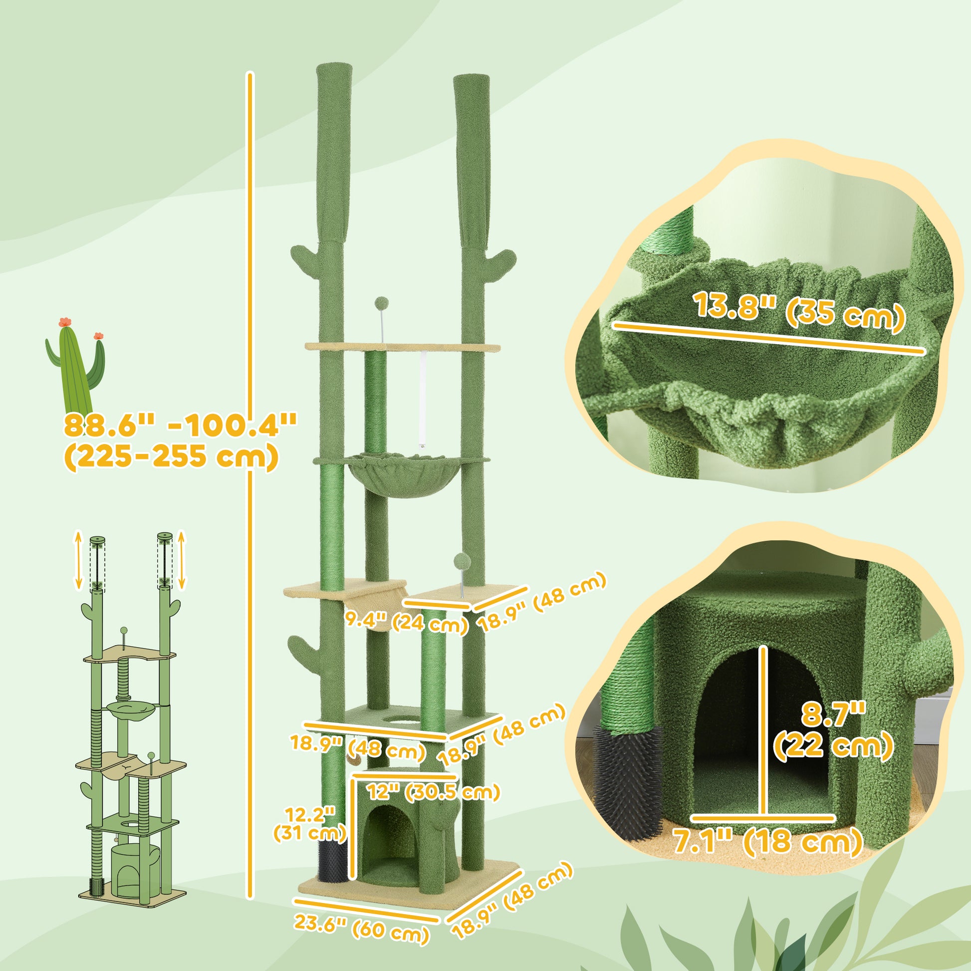 89"-100" Floor to Ceiling Cat Tree Cat Tower for Large Cats w/ Scratching Posts, Grooming Brush Post, Cat Condo, Green Floor to Ceiling Cat Trees   at Gallery Canada