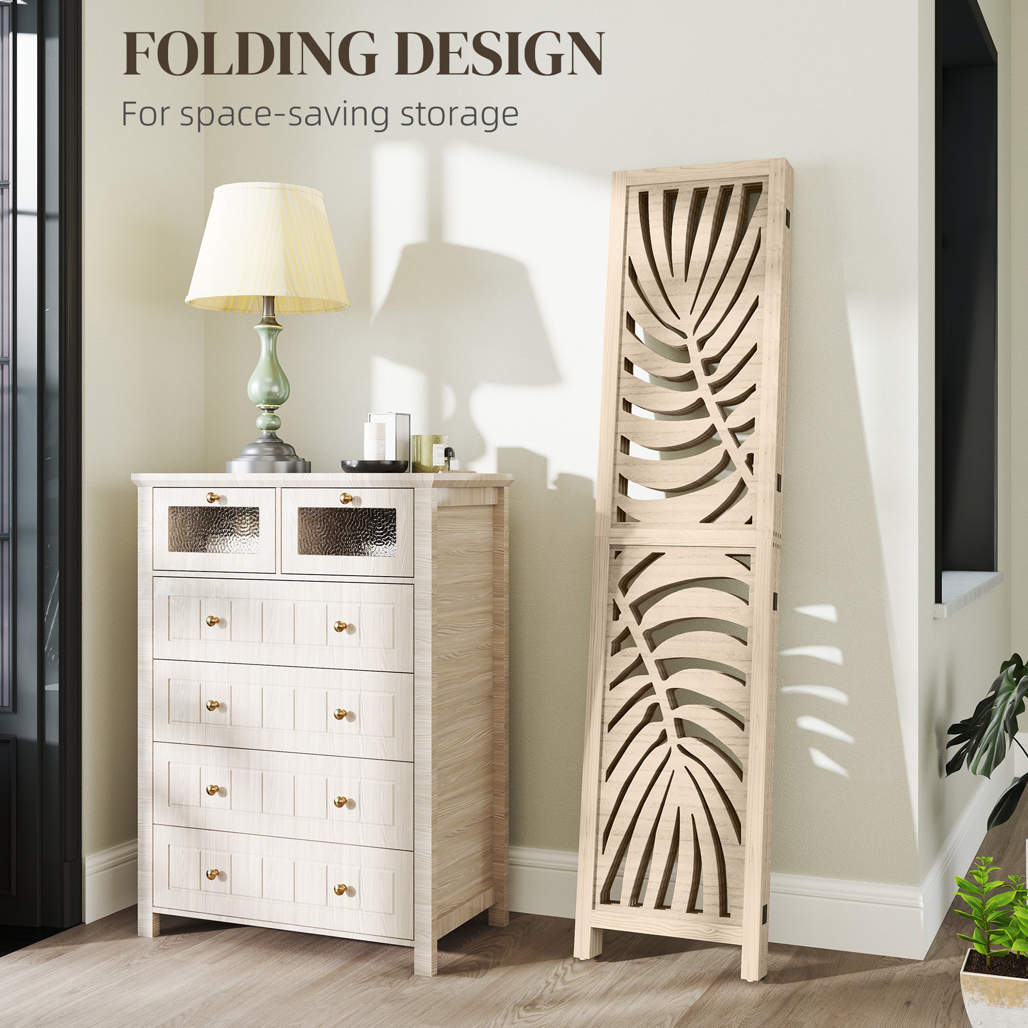4 Panel Room Divider, Detachable Folding Privacy Screens with Palm Leaf Design for Home Office, Natural Wood Finish Room Dividers at Gallery Canada