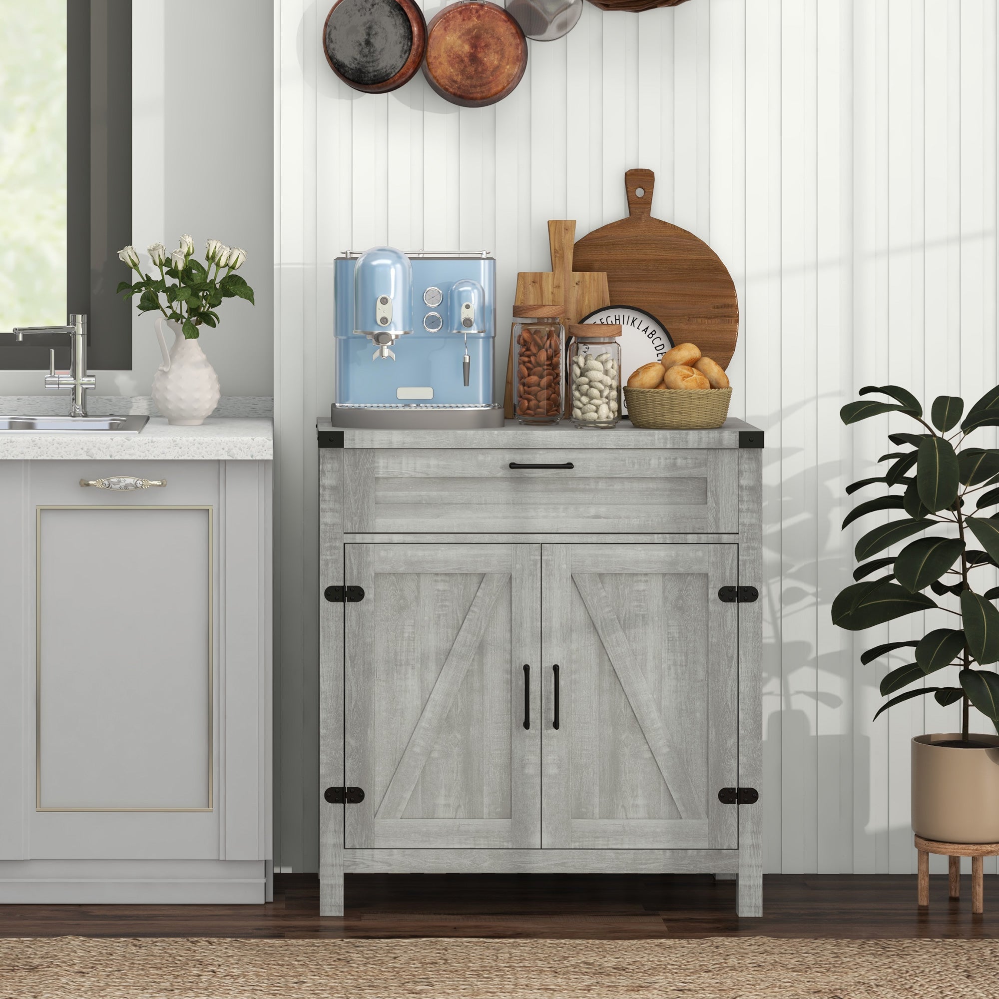 Farmhouse Kitchen Storage Cabinet, Sideboard Buffet Cabinet with 2 Rustic Barn Doors and Drawer, Grey Bar Cabinets Grey  at Gallery Canada