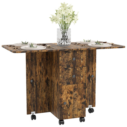 Drop Leaf Dining Table, Mobile Folding Table on Wheels with Drawers and Cabinet for Dining Room, Kitchen, Rustic Brown Bar Tables & Dining Tables   at Gallery Canada