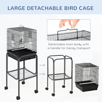 44.5"H Metal Bird Cage Parrot Play Spot Stand with Wheel, Storage Shelf, Multi-doors - Black Bird Cages   at Gallery Canada