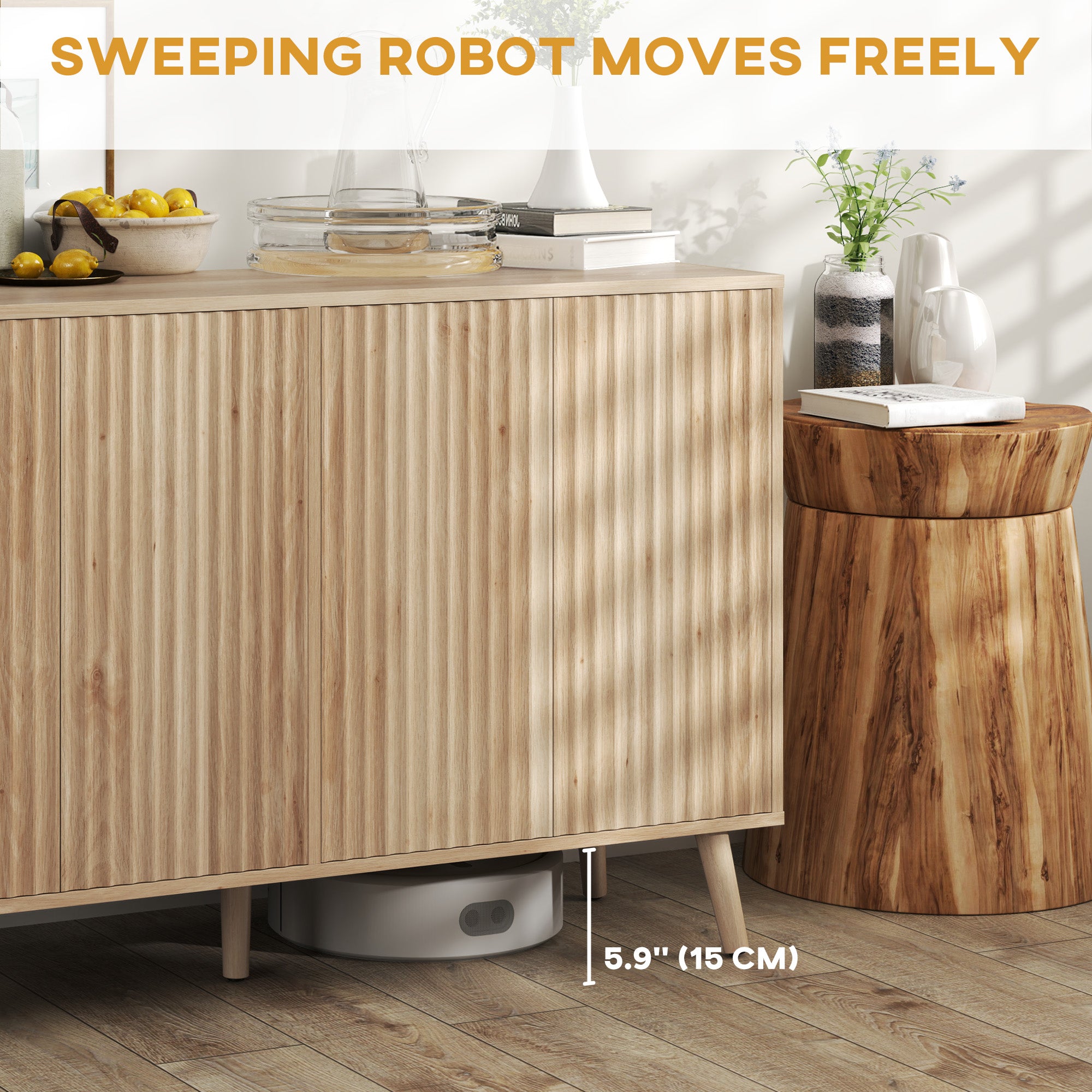 Buffet Cabinet with Storage Modern Fluted Sideboard with Adjustable Shelves Wood Legs for Dining Room Living Room Oak Storage Cabinets at Gallery Canada