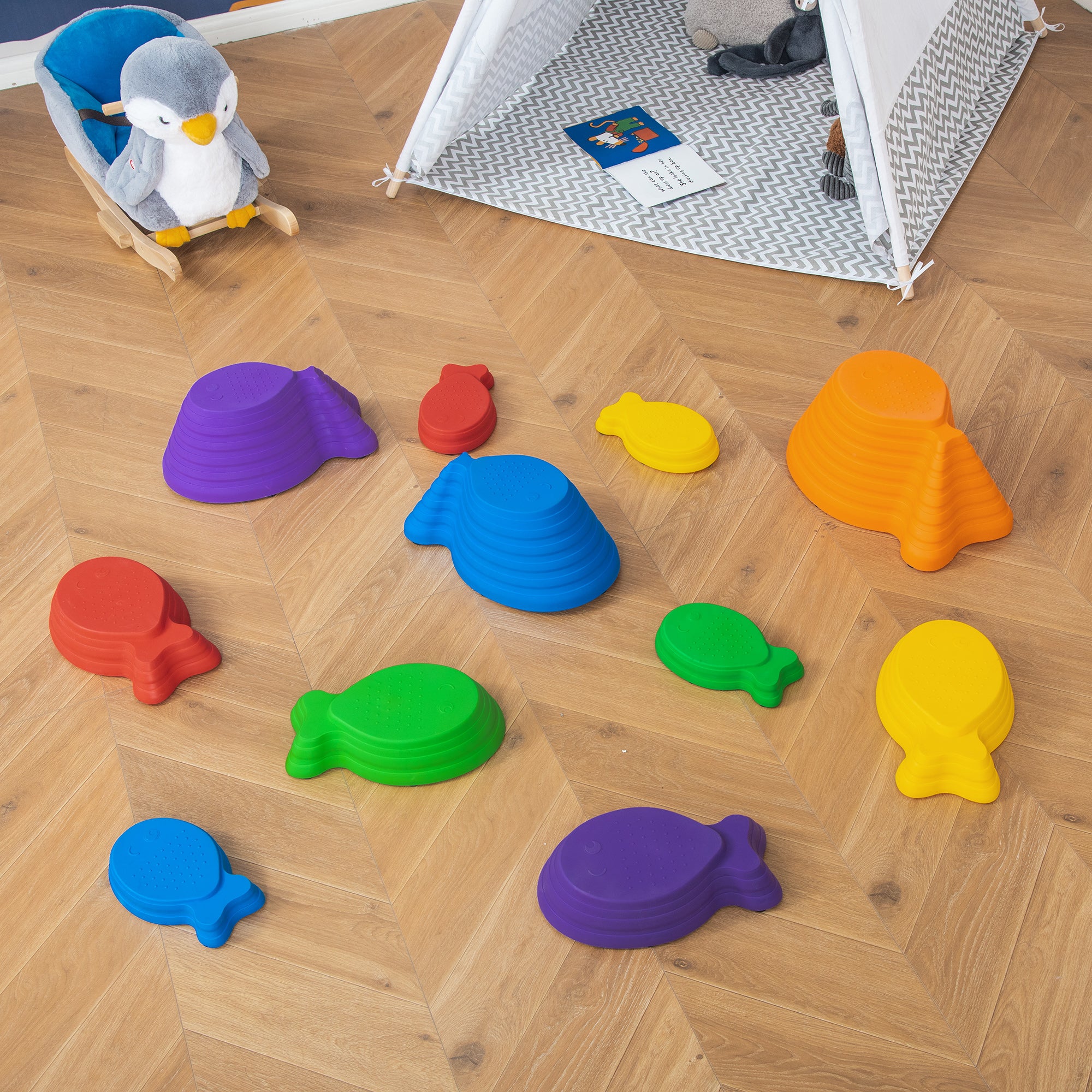 11pcs Balance Stepping Stones for Kids, Fish Style Non-slip Obstacle Course, Larger Size Stackable Balance Blocks Indoor Outdoor Gym Sets & Swings at Gallery Canada