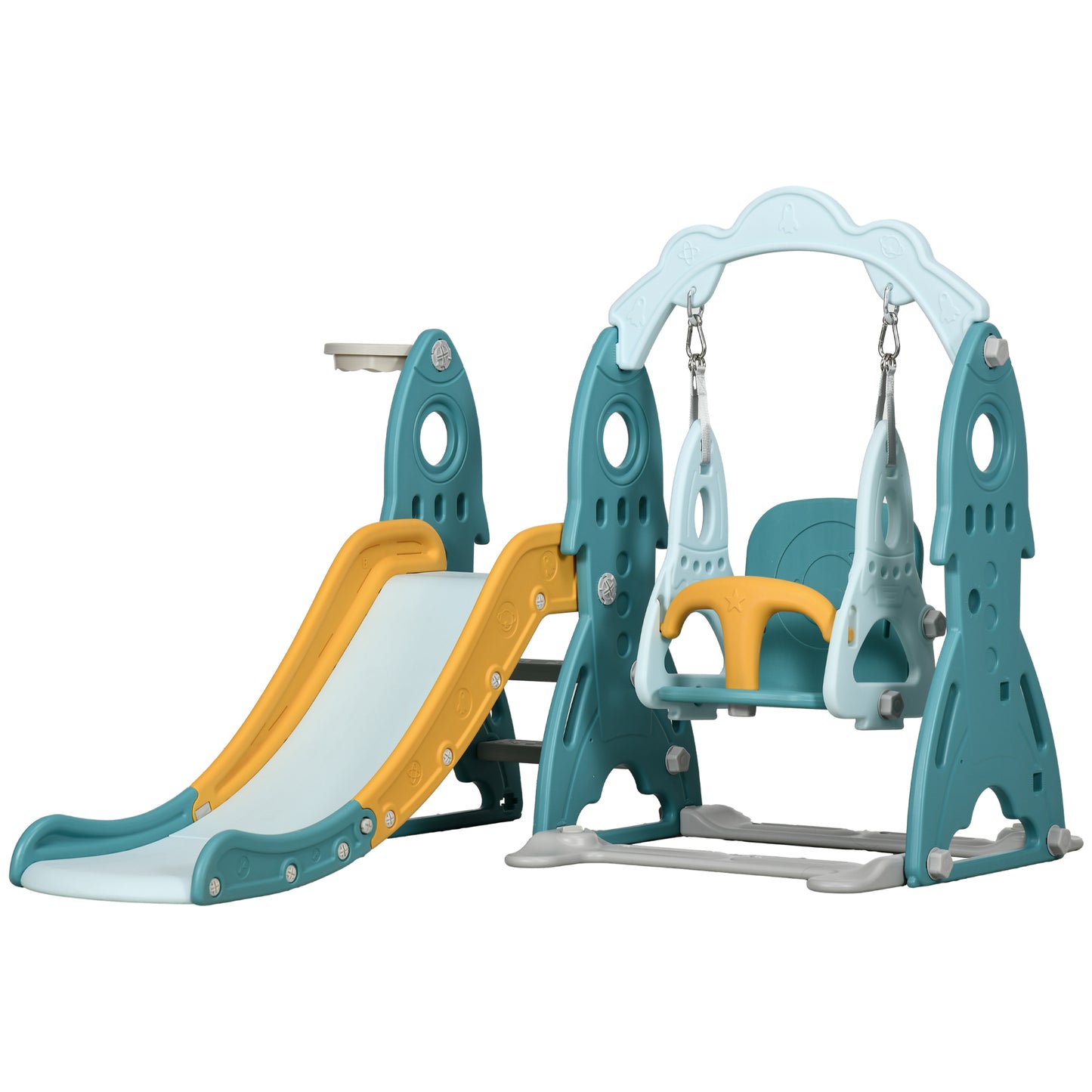 3 in 1 Kids Slide and Swing Set Indoor Playground w/ Basketball Hoop, Climber, Adjustable Swing, Light Blue Gym Sets & Swings   at Gallery Canada