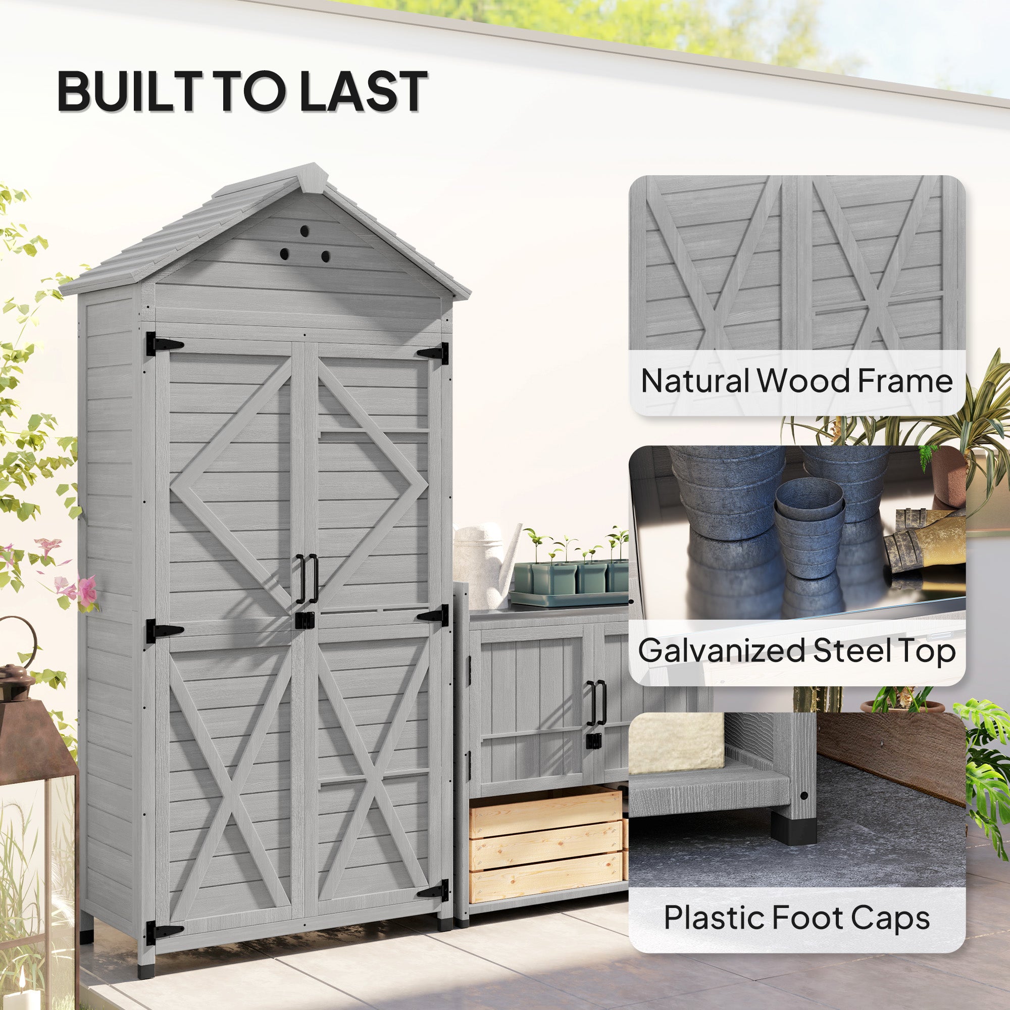 2-in-1 Outdoor Storage Cabinet, Wood Garden Shed with Shelves, Vent Holes, Foot Caps for Backyard, Patio, Lawn Sheds at Gallery Canada