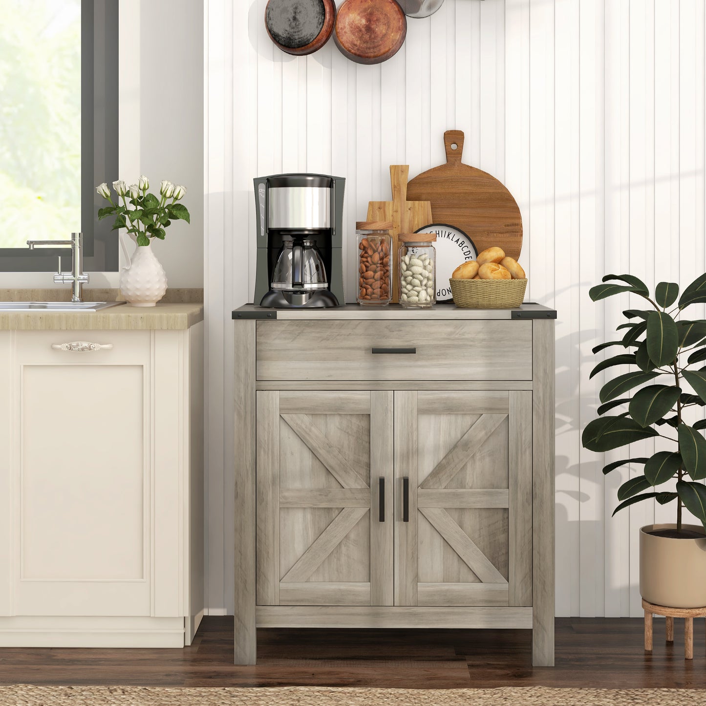 Farmhouse Buffet Cabinet Sideboard with 1 Drawer, 1 Storage Cabinet and Adjustable Shelf, Grey Bar Cabinets Grey  at Gallery Canada