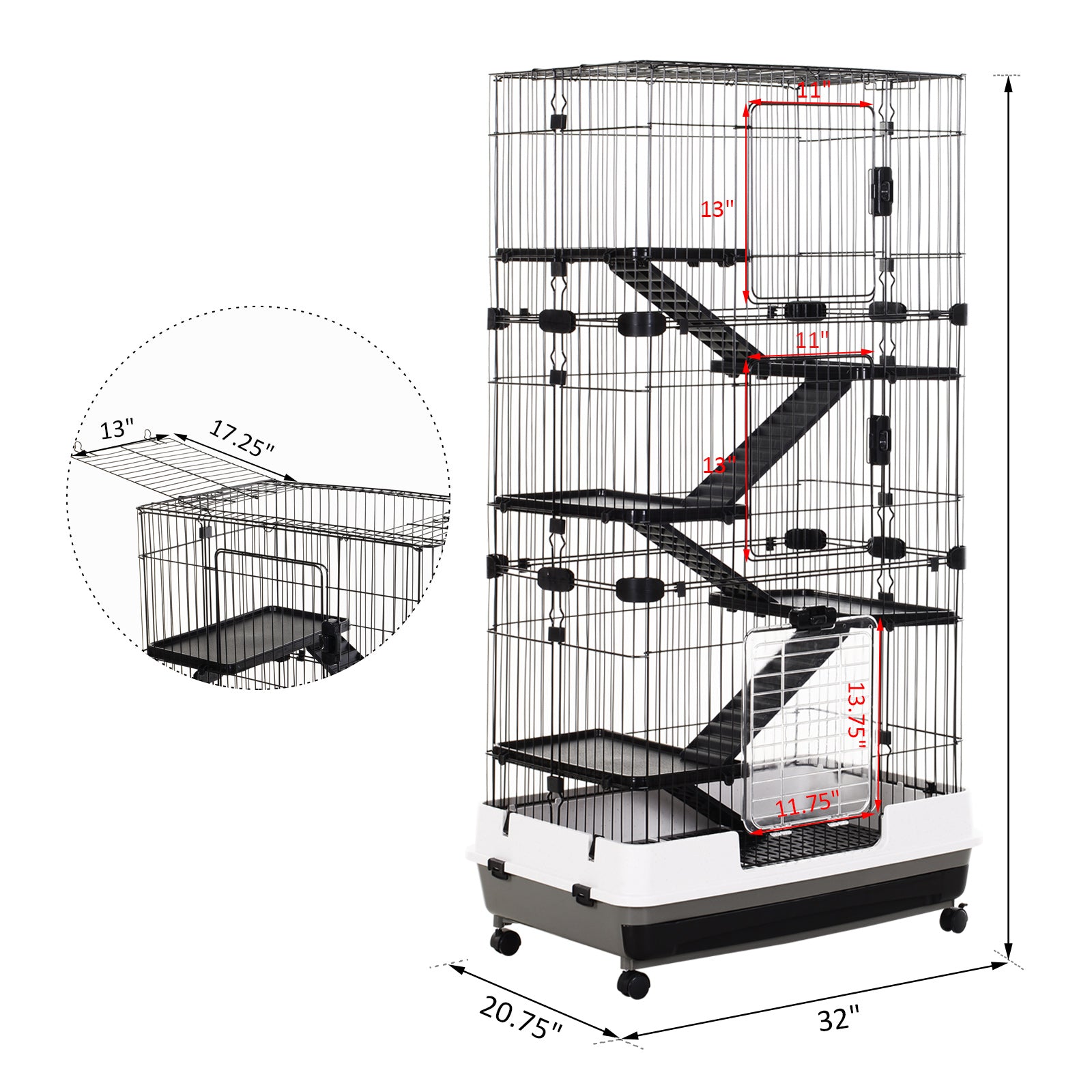 32"L 6-Level Small Animal Cage Rabbit Hutch with Universal Lockable Wheels, Slide-Out Tray for Bunny, Chinchillas, Ferret, Black Houses & Habitats Multi Colour  at Gallery Canada