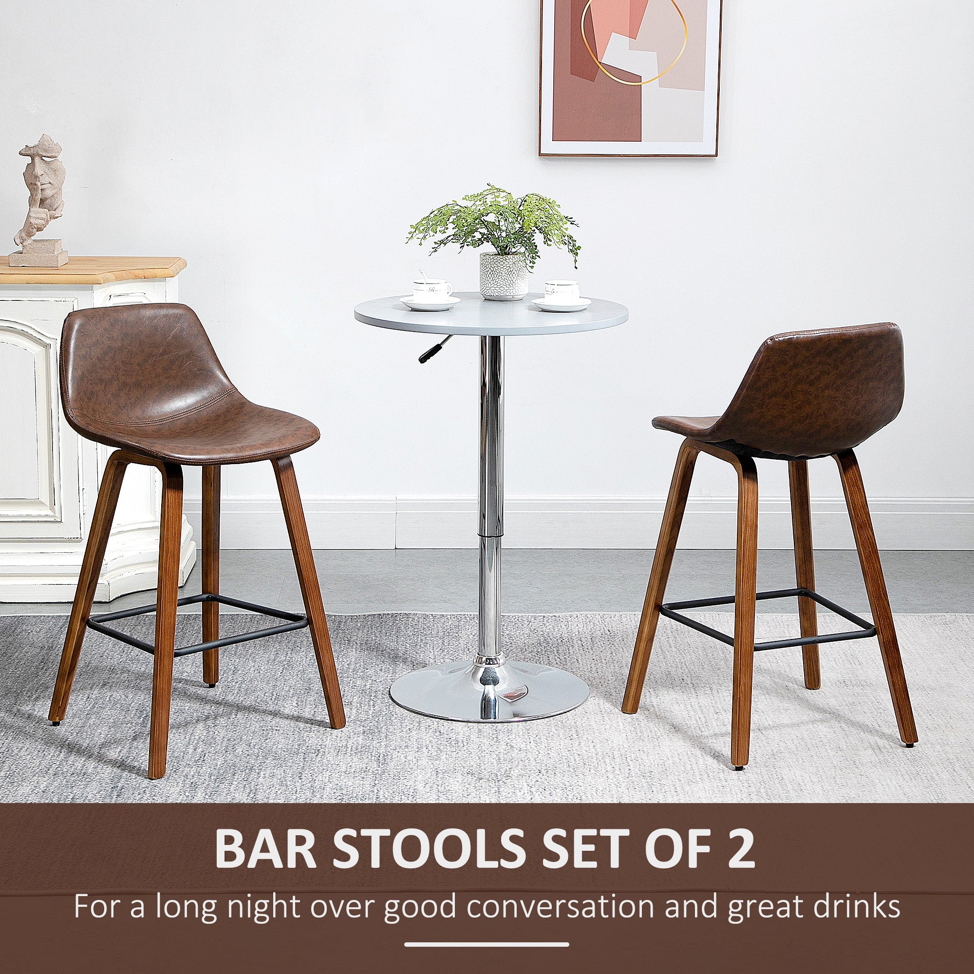 Counter Height Bar stools Set of 2 Mid-Back PU Leather Bar Chairs with Wood Legs, Brown Bar Stools   at Gallery Canada